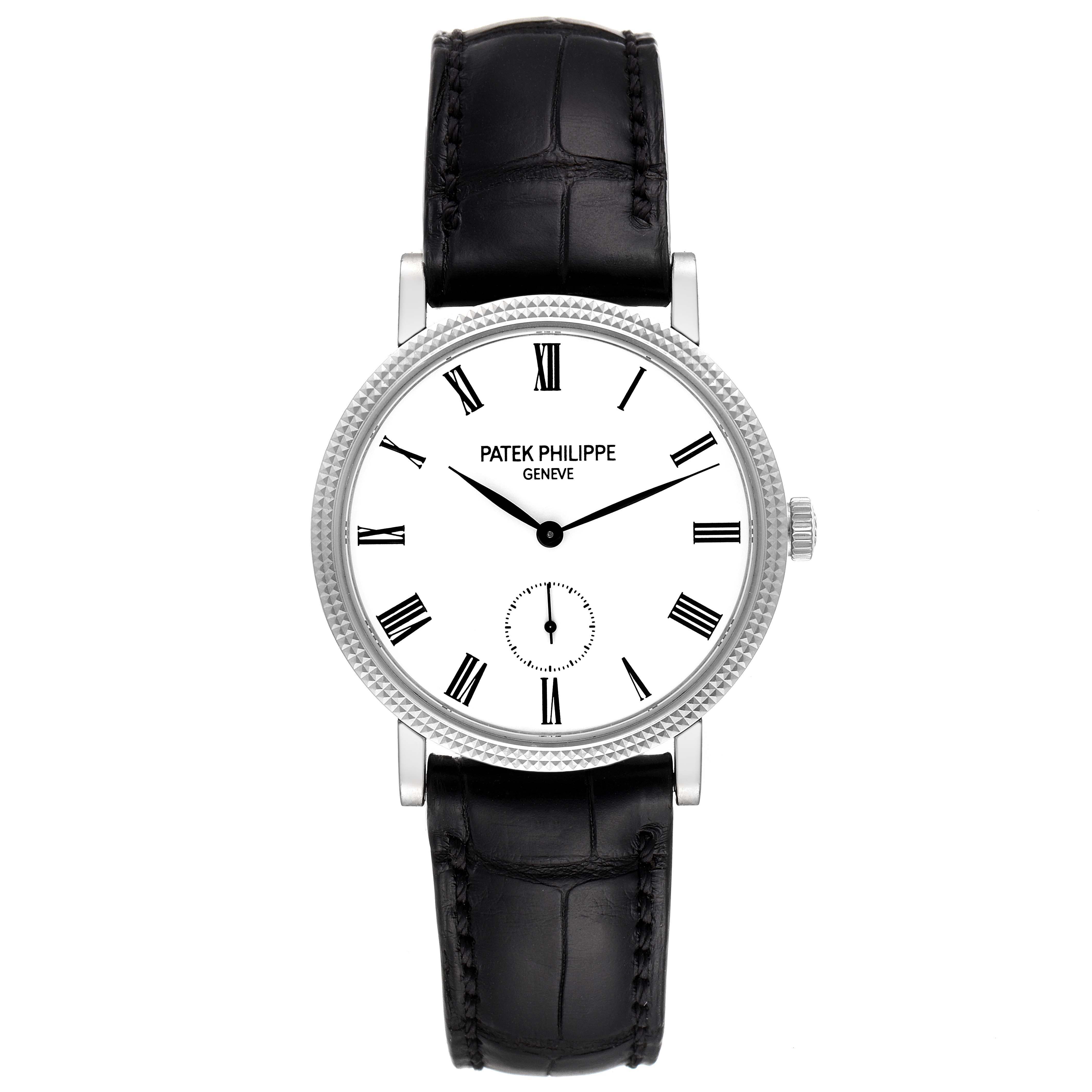 This image shows the front view of a Patek Philippe Calatrava 7119G Women's White Gold White Dial 7119G Women's White Gold White Dial watch with a black leather strap and Roman numeral dial.