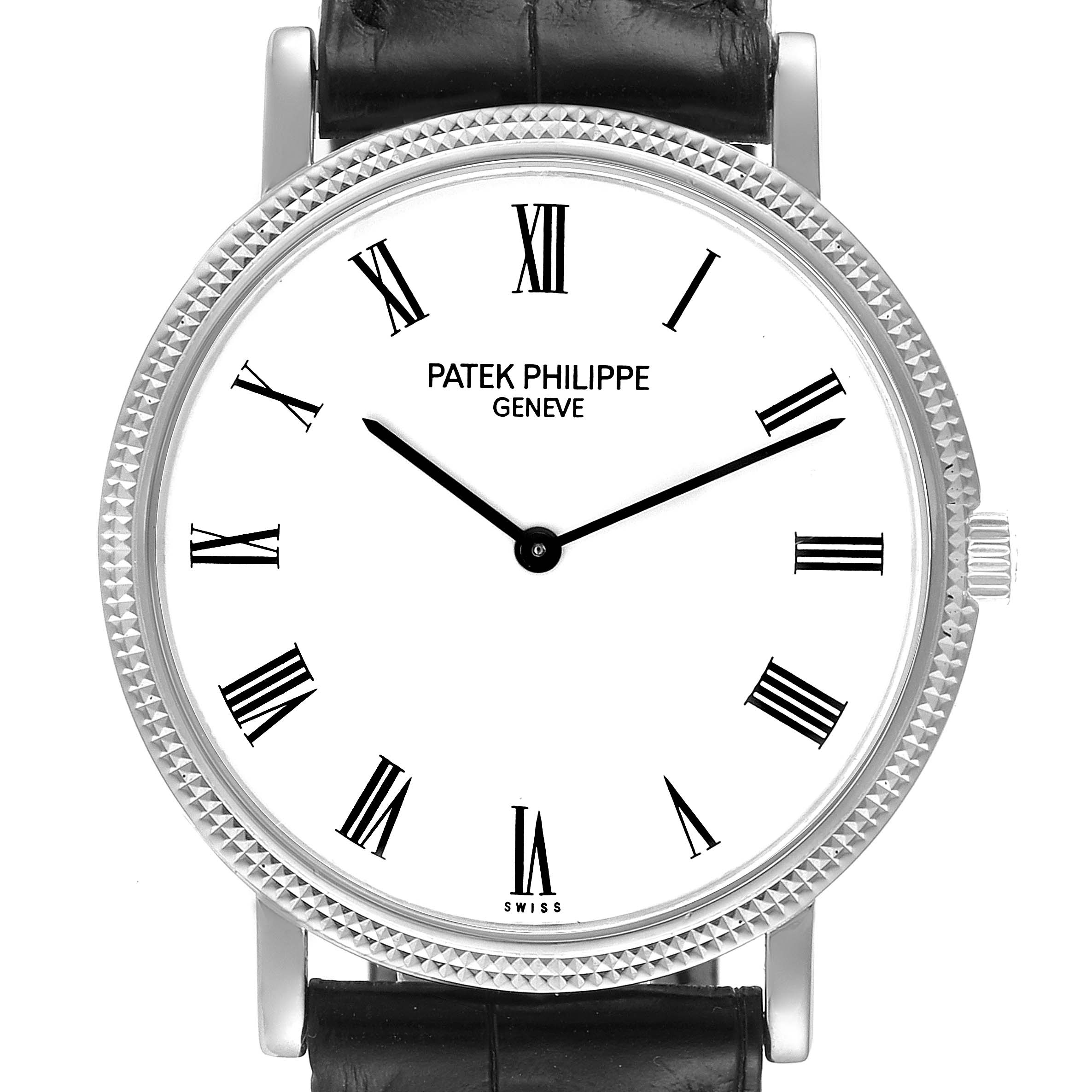The image shows a front view of a Patek Philippe Calatrava 5120G Men's White Gold White Dial 5120G Men's White Gold White Dial watch, displaying its dial, hands, bezel, and part of the leather strap.