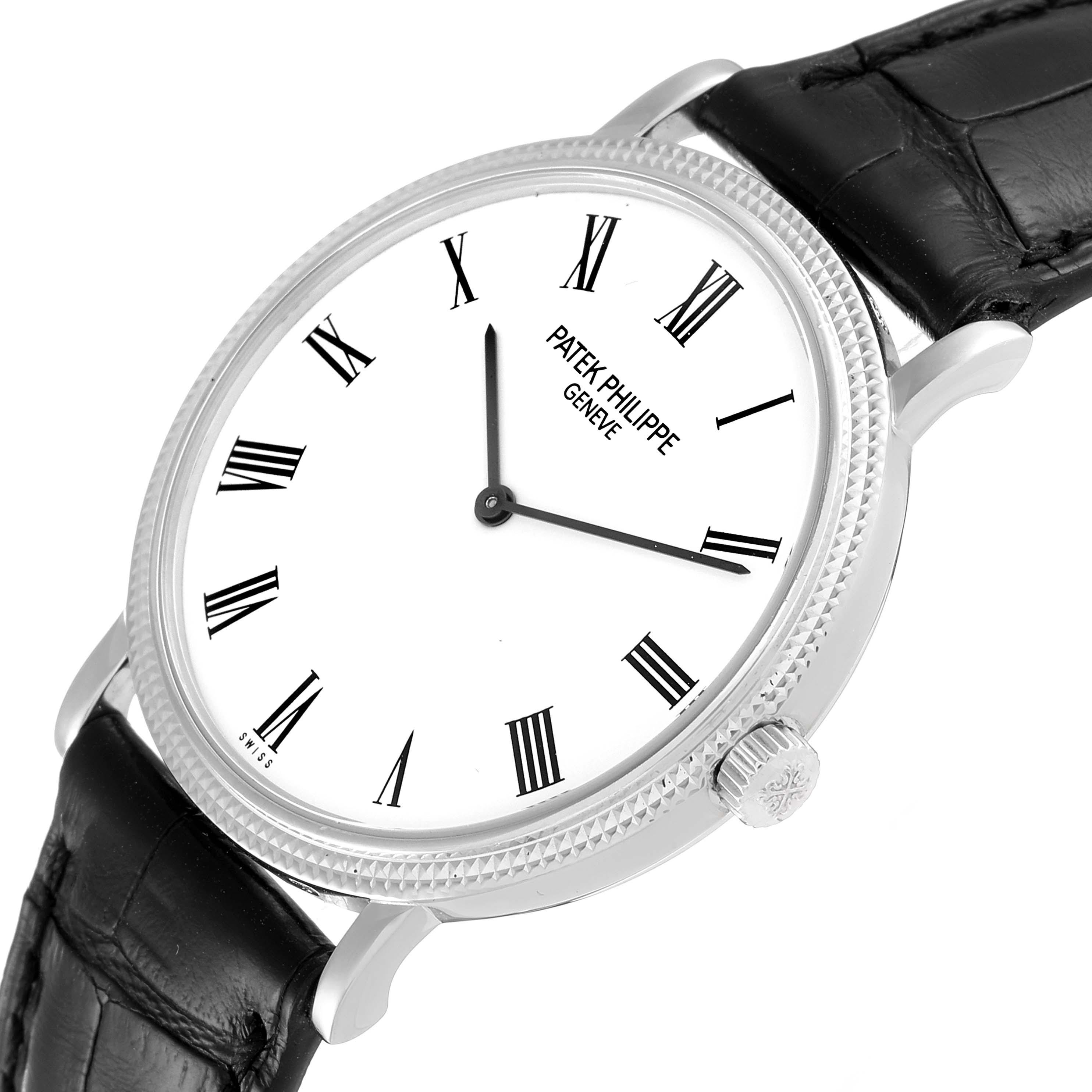 This image shows a side view of the Patek Philippe Calatrava 5120G Men's White Gold White Dial 5120G Men's White Gold White Dial watch, highlighting its black leather strap, white dial, and crown.