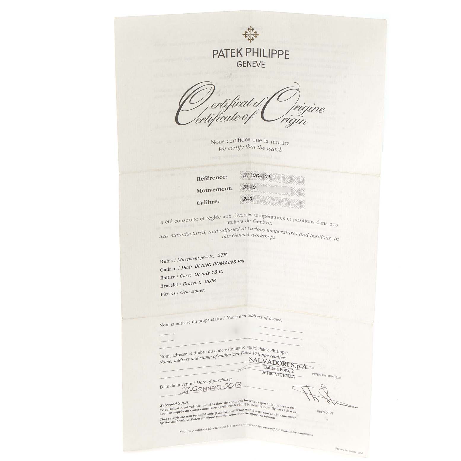 The image shows the Certificate of Origin for a Patek Philippe Calatrava 5120G Men's White Gold White Dial 5120G Men's White Gold White Dial model watch.