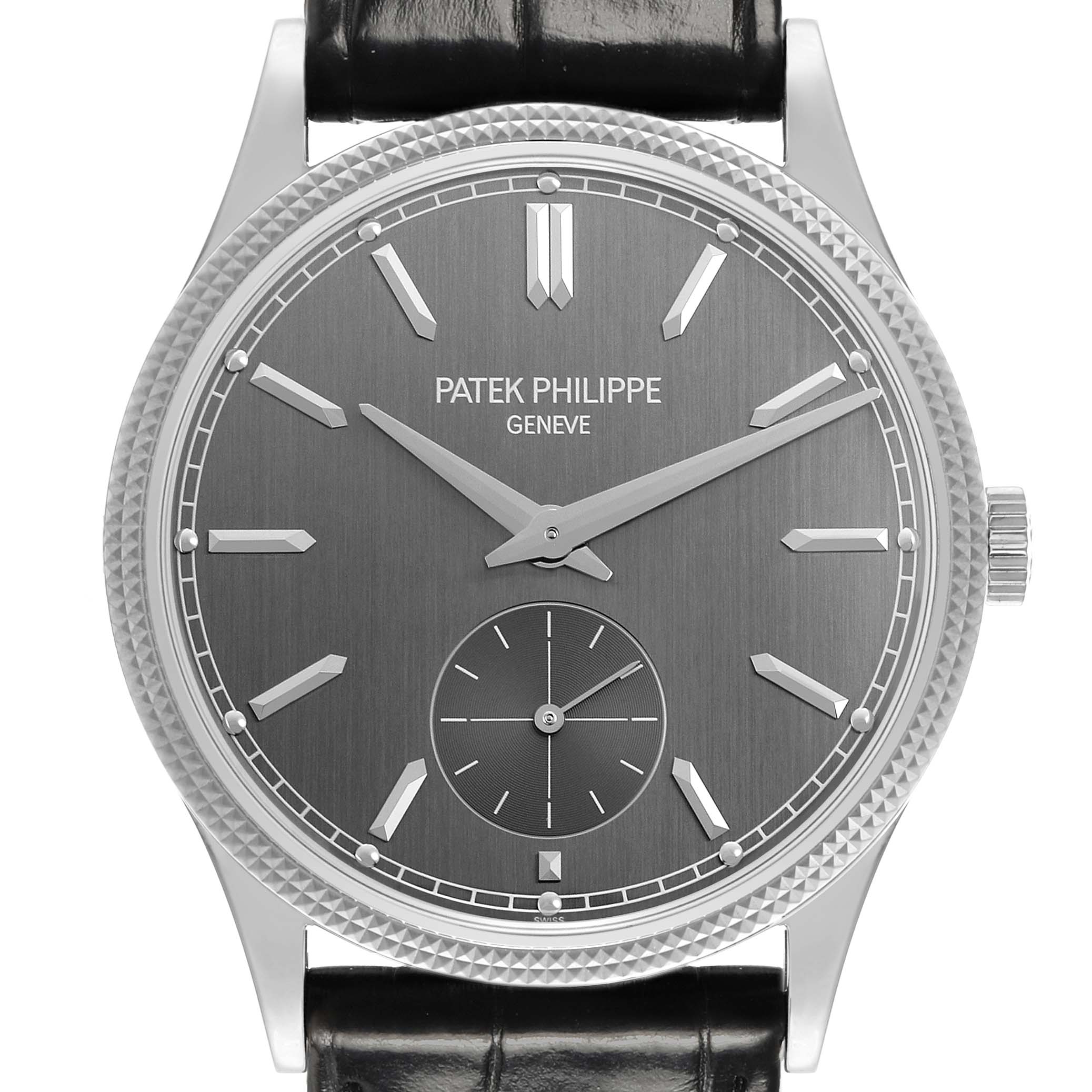 The Patek Philippe Calatrava 6119G-001 Men's White Gold Grey Dial watch is shown from the front, displaying the face, hands, crown, and leather strap.