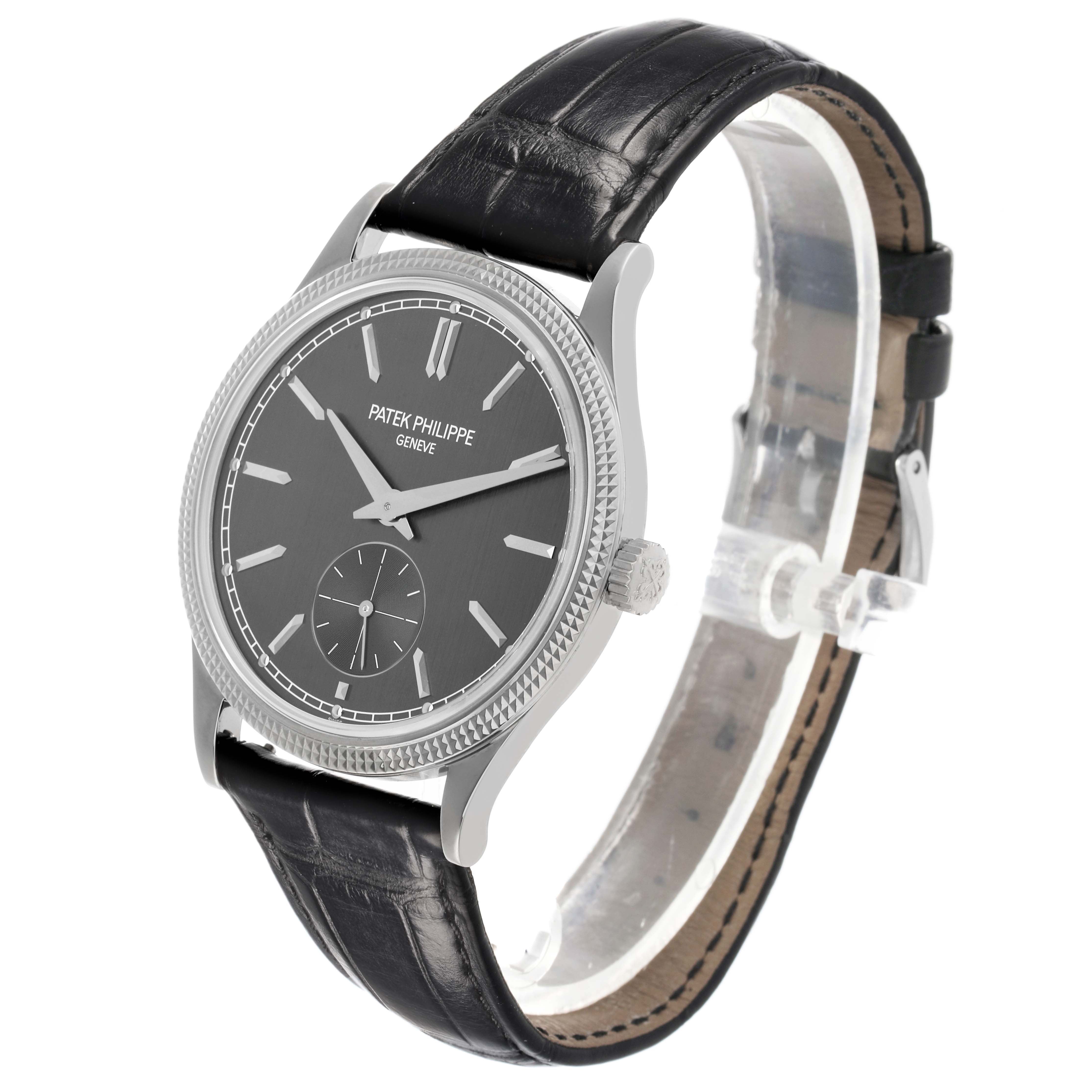 The Patek Philippe Calatrava 6119G-001 Men's White Gold Grey Dial watch is shown at a 3/4 angle highlighting the dial, bezel, crown, and strap.