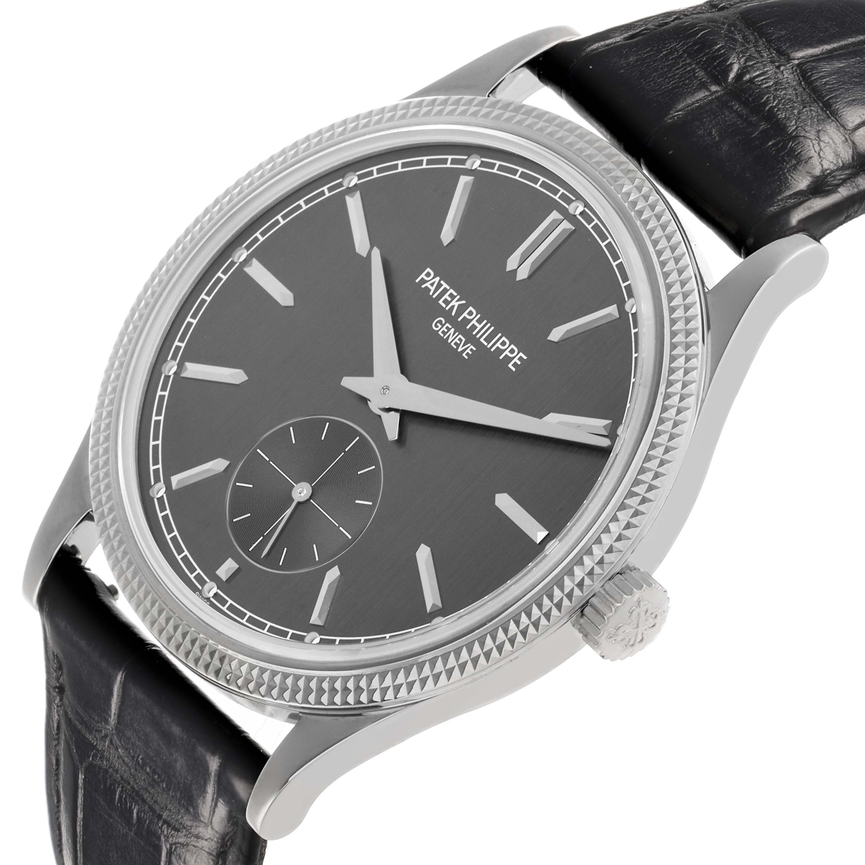 The Patek Philippe Calatrava 6119G-001 Men's White Gold Grey Dial watch is shown at an angle highlighting the face, crown, bezel, and strap.