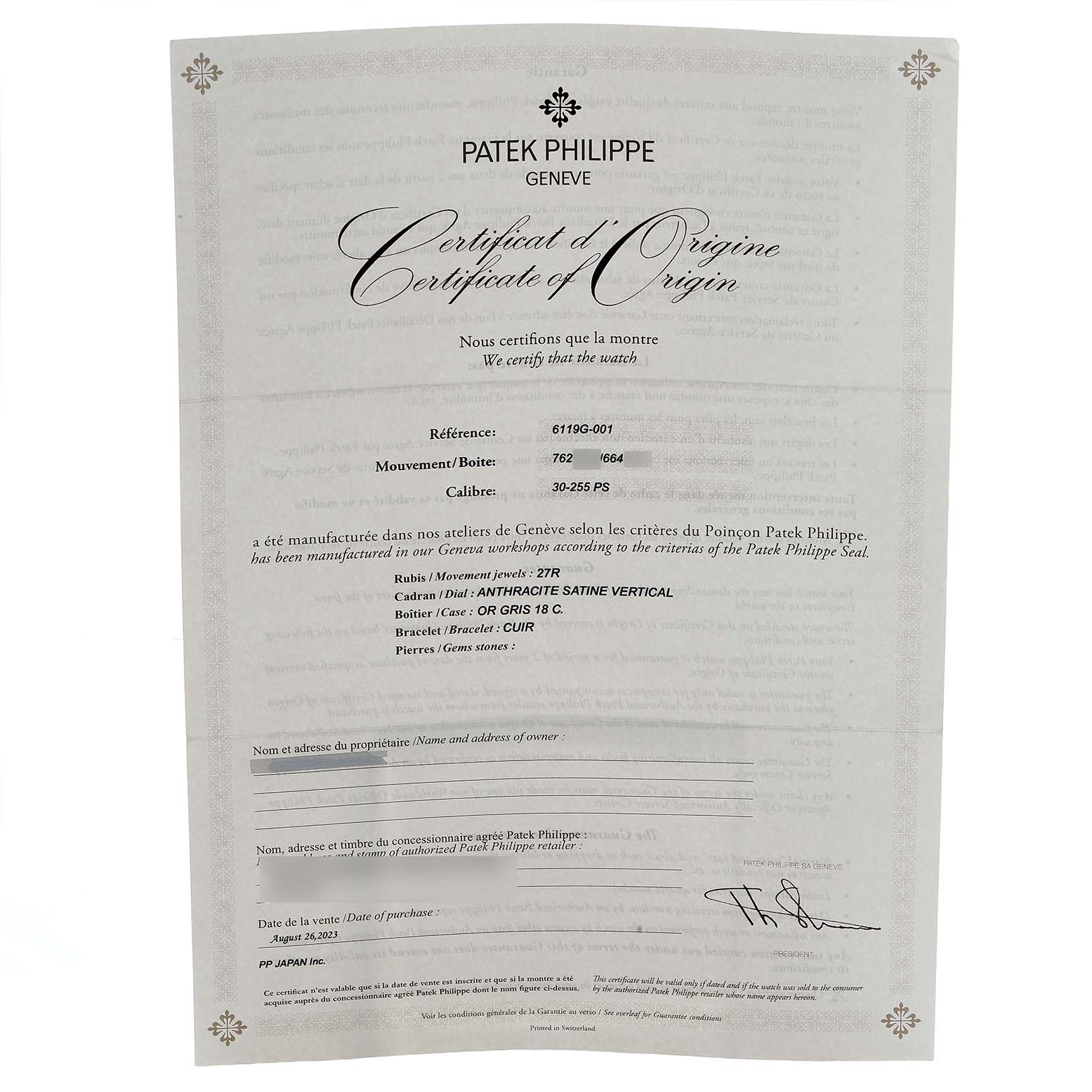 The image shows the "Certificate of Origin" for a Patek Philippe Calatrava 6119G-001 Men's White Gold Grey Dial watch, displaying reference and movement details.