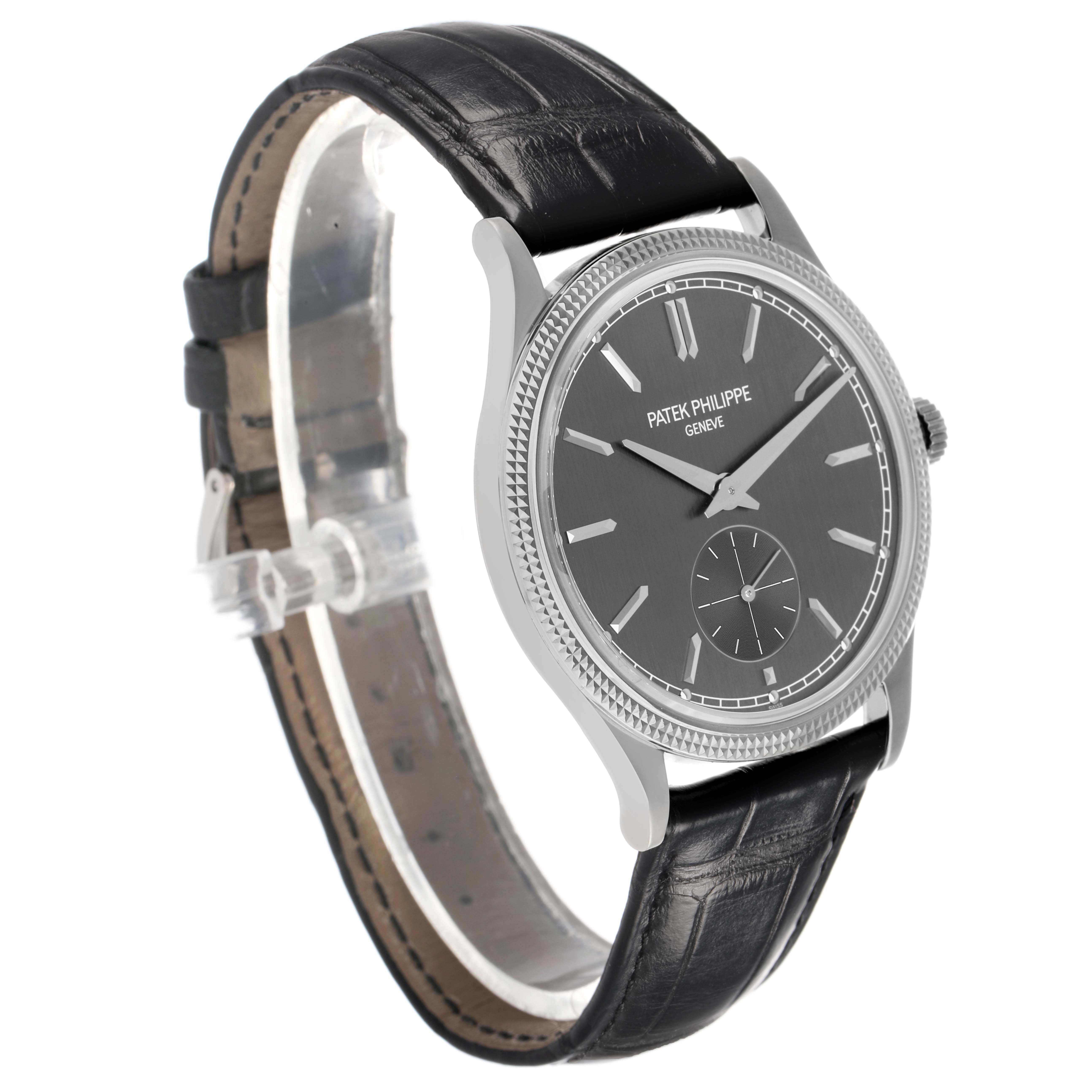 The Patek Philippe Calatrava 6119G-001 Men's White Gold Grey Dial watch is shown at a three-quarter angle, displaying the face, bezel, crown, and black leather strap.
