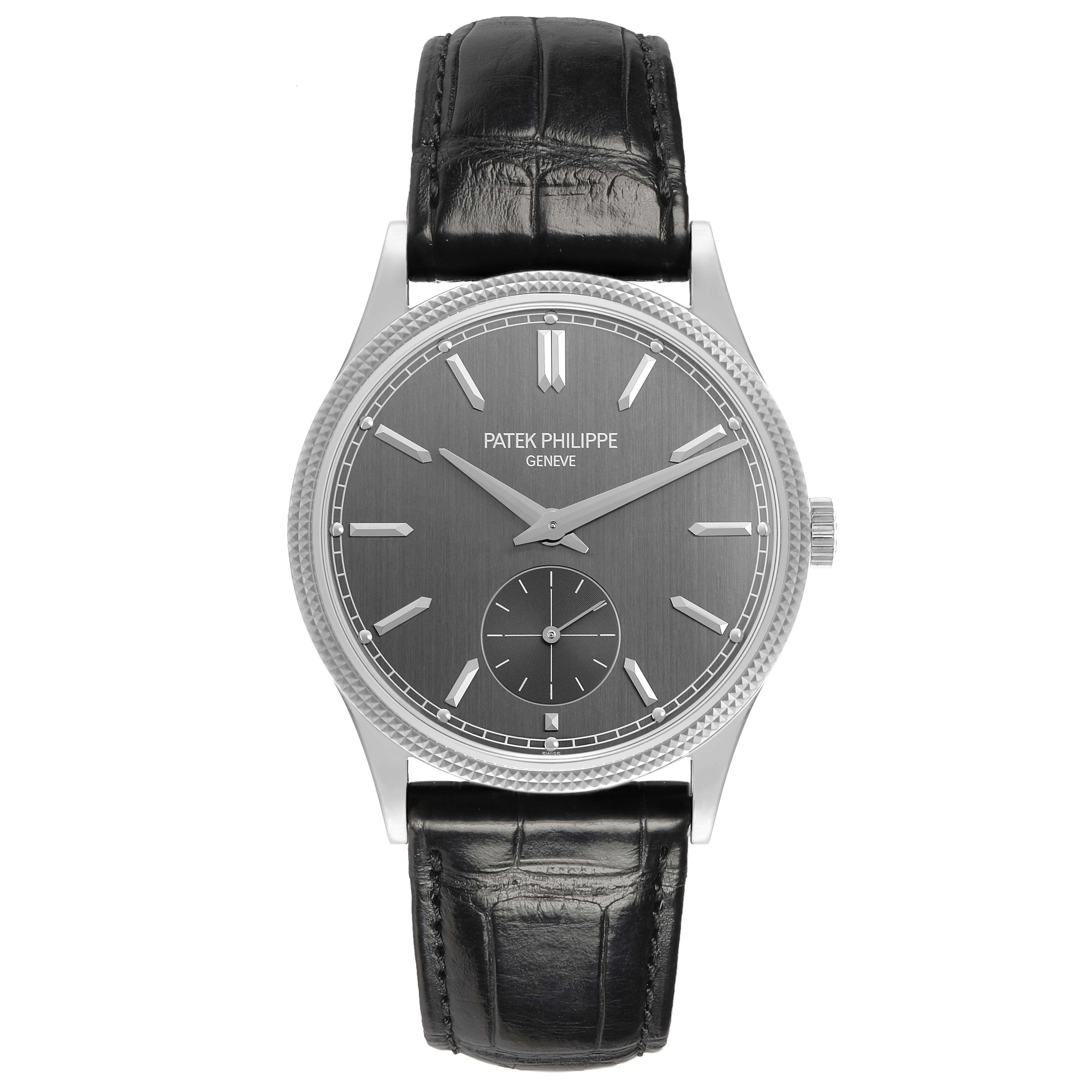 The Patek Philippe Calatrava 6119G-001 Men's White Gold Grey Dial watch is shown from the front, displaying the dial, hands, and strap, with the crown visible on the side.