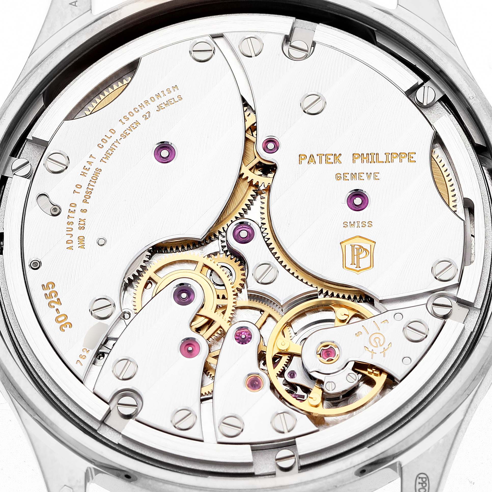 The image shows the case back view of a Patek Philippe Calatrava 6119G-001 Men's White Gold Grey Dial watch, displaying the intricate movement and inner mechanisms.