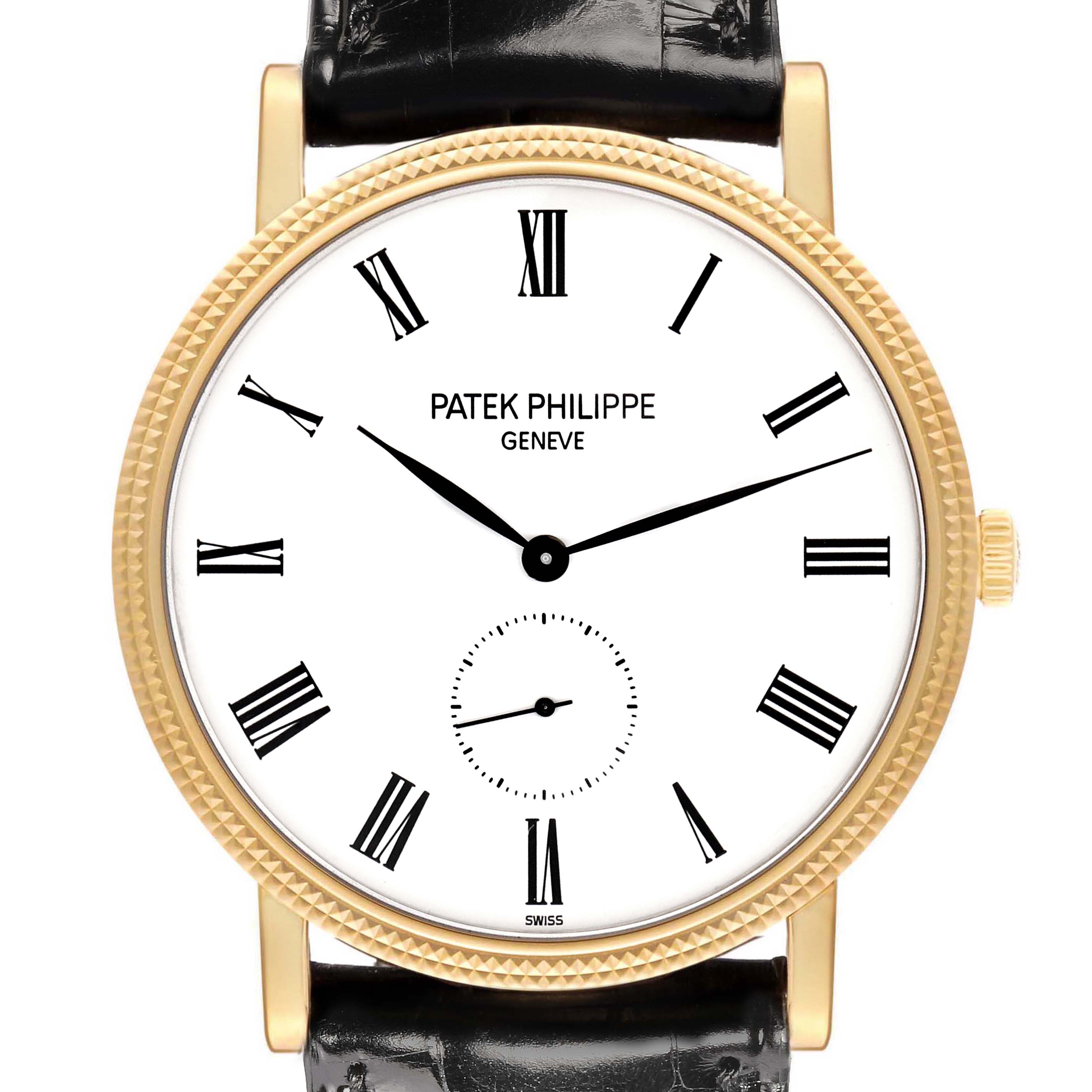 The Patek Philippe Calatrava 5119J-001 Men's Yellow Gold White Dial watch is shown from the front, highlighting its dial, Roman numerals, and leather strap.
