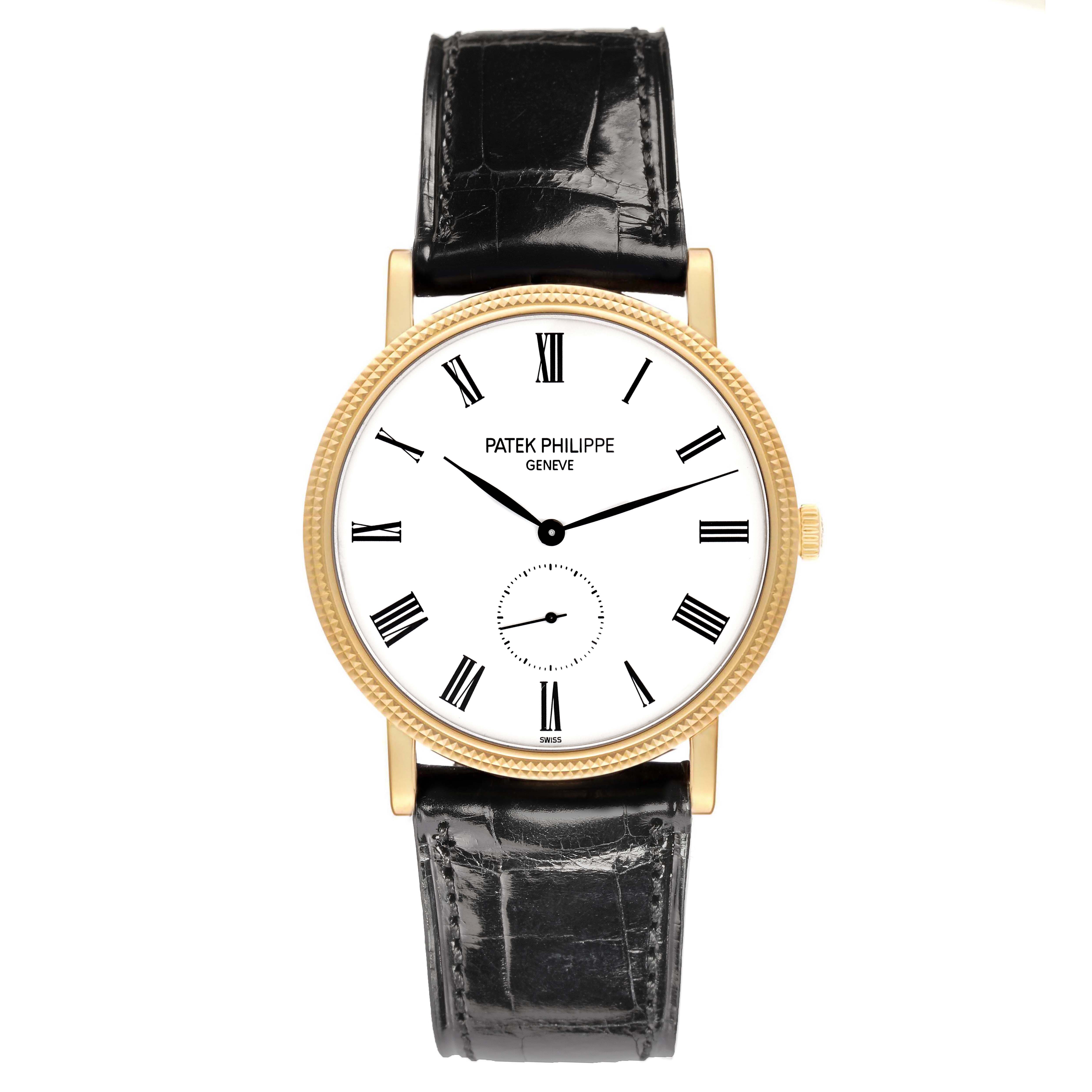 The Patek Philippe Calatrava 5119J-001 Men's Yellow Gold White Dial watch is shown from a top-down angle, highlighting its dial, hands, bezel, and leather strap.