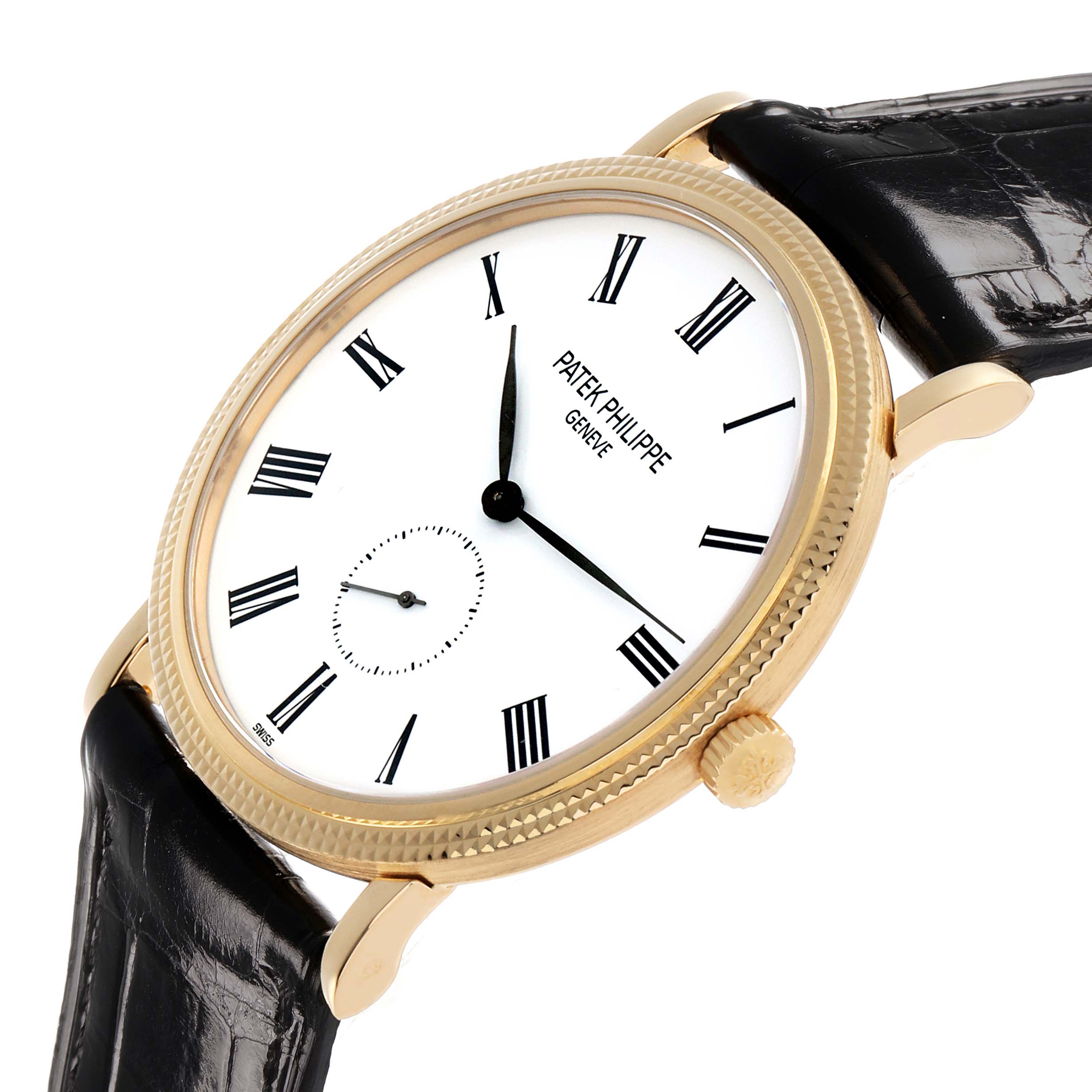 The Patek Philippe Calatrava 5119J-001 Men's Yellow Gold White Dial watch is shown from a three-quarter angle, highlighting the case, dial, crown, and leather strap.