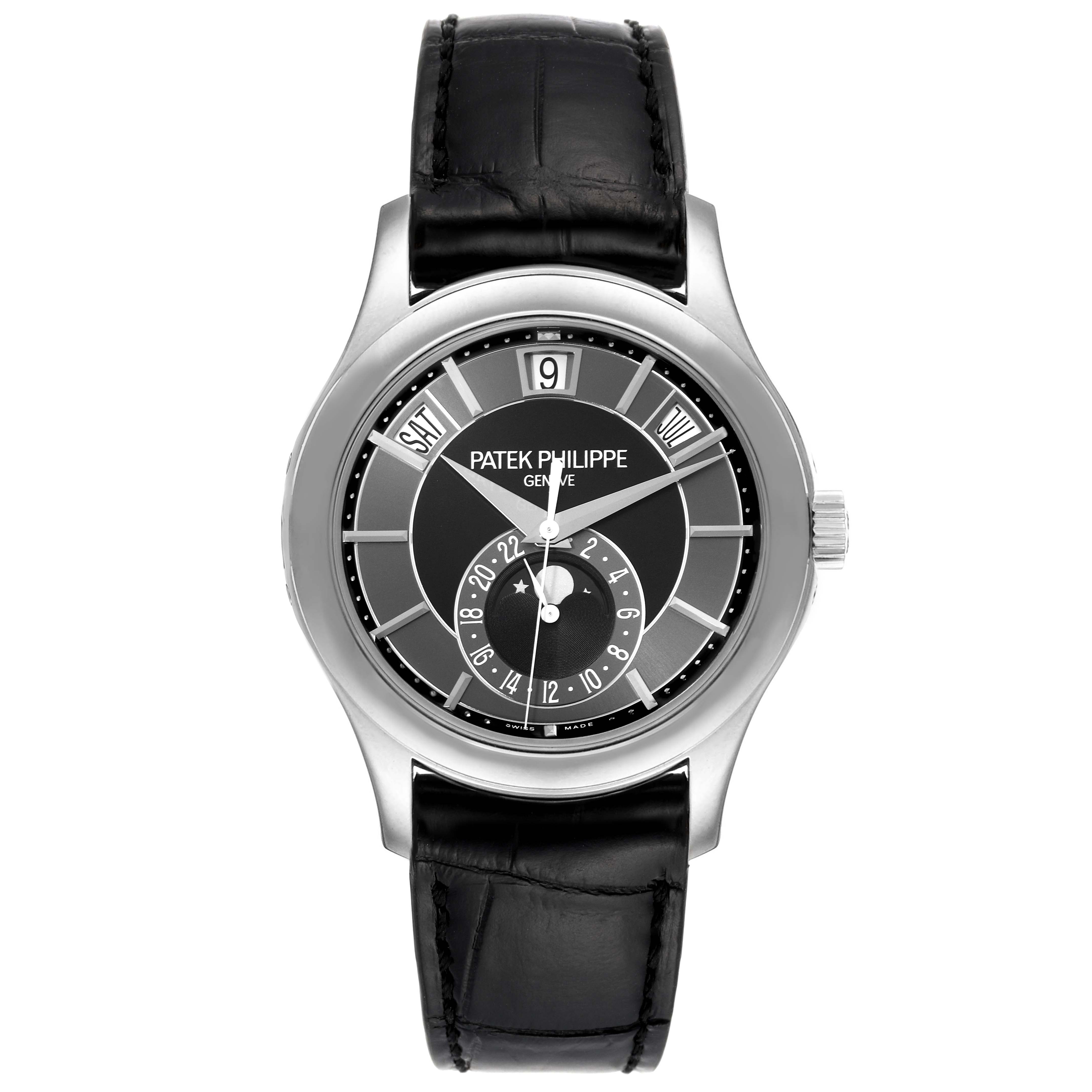 This is a front view of a Patek Philippe Complications 5205G - 010 Men's White Gold Grey Dial 5205G - 010 Men's White Gold Grey Dial model watch, showing the face, dial, and leather strap.