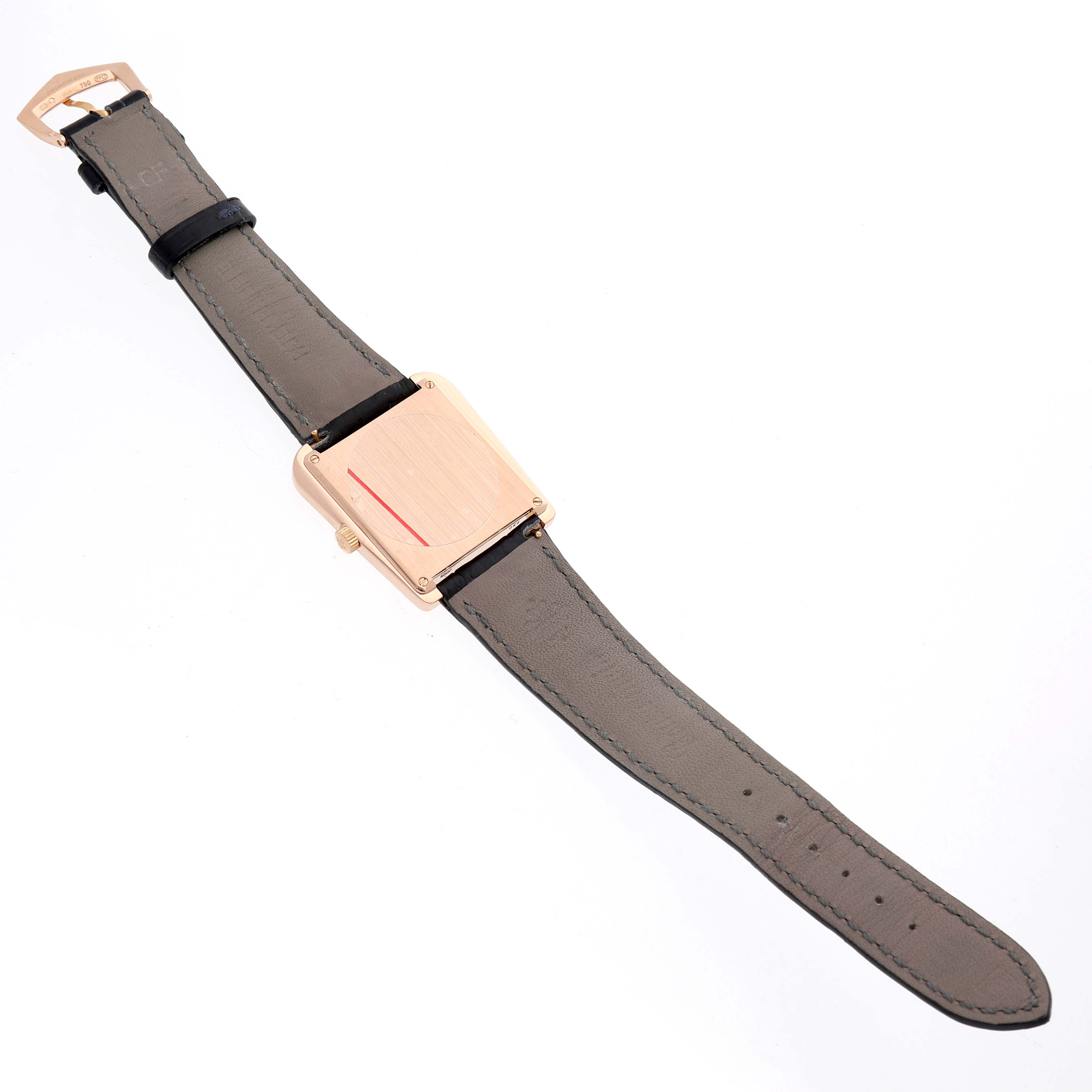 The image shows a Patek Philippe Gondolo 5489R Men's Rose Gold Silver Dial watch from the back, highlighting the strap and case back.