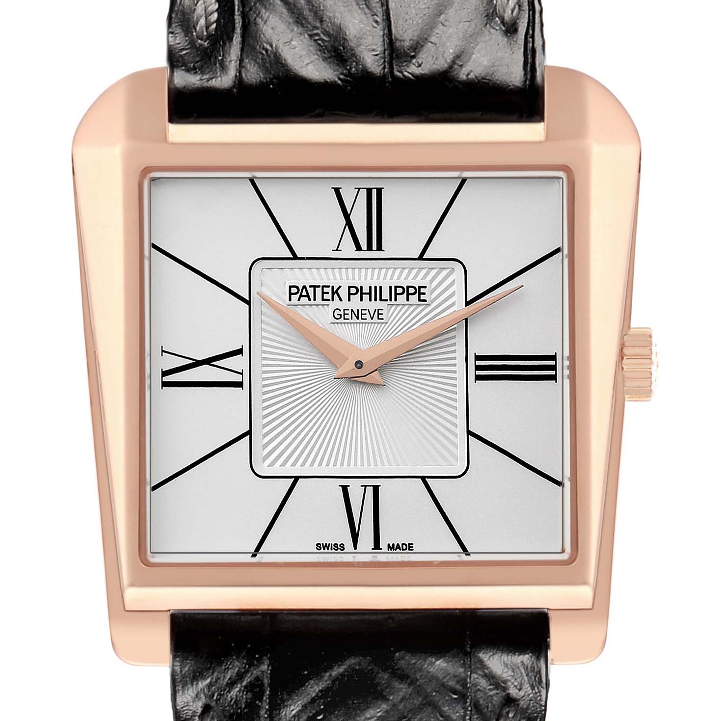 The Patek Philippe Gondolo 5489R Men's Rose Gold Silver Dial watch is shown from a front angle, highlighting its square dial, Roman numerals, and leather strap.