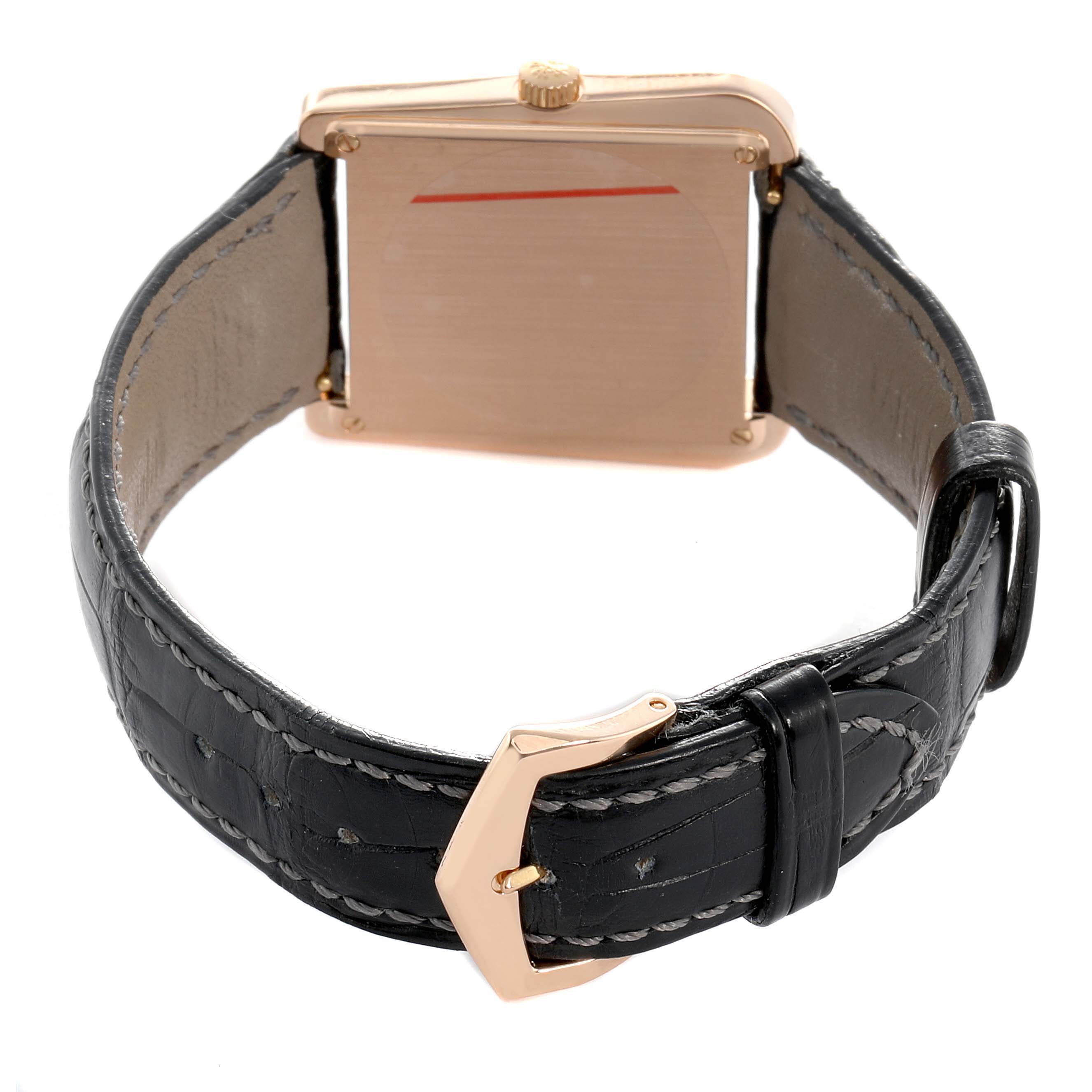 The Patek Philippe Gondolo 5489R Men's Rose Gold Silver Dial watch is shown from the back, highlighting the case, crown, strap, and buckle.