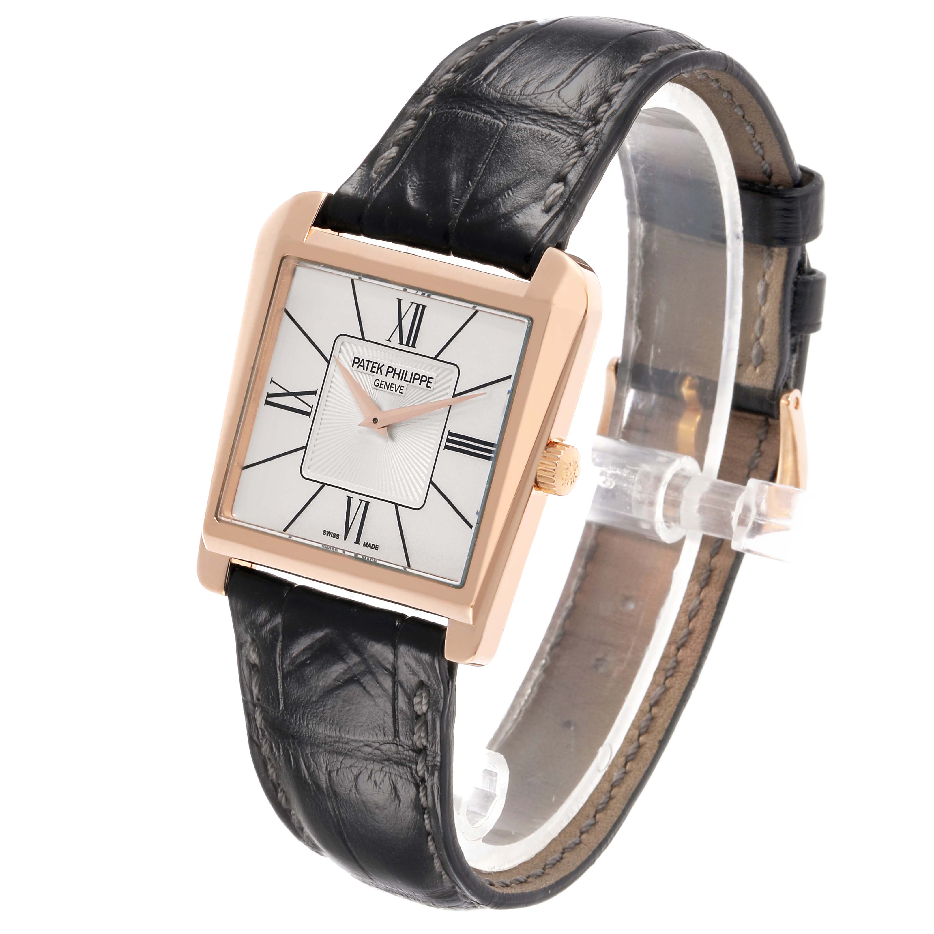 The Patek Philippe Gondolo 5489R Men's Rose Gold Silver Dial watch is shown at a three-quarter angle, displaying the face, bezel, strap, and crown.