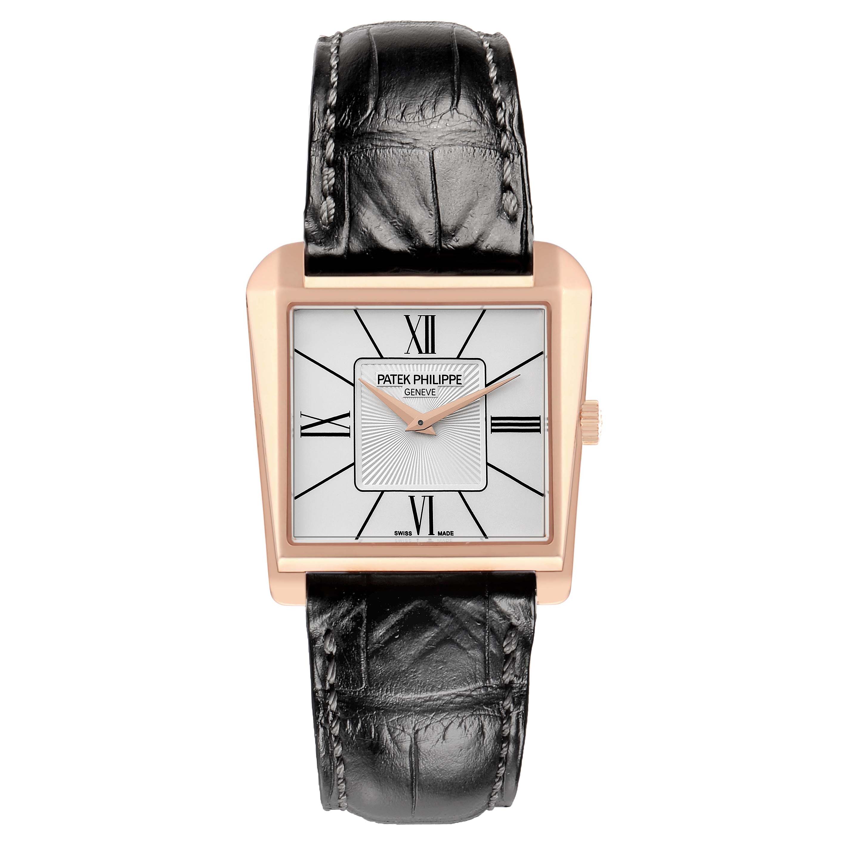 The image shows a Patek Philippe Gondolo 5489R Men's Rose Gold Silver Dial watch from a top-down angle, highlighting the face, strap, and case.