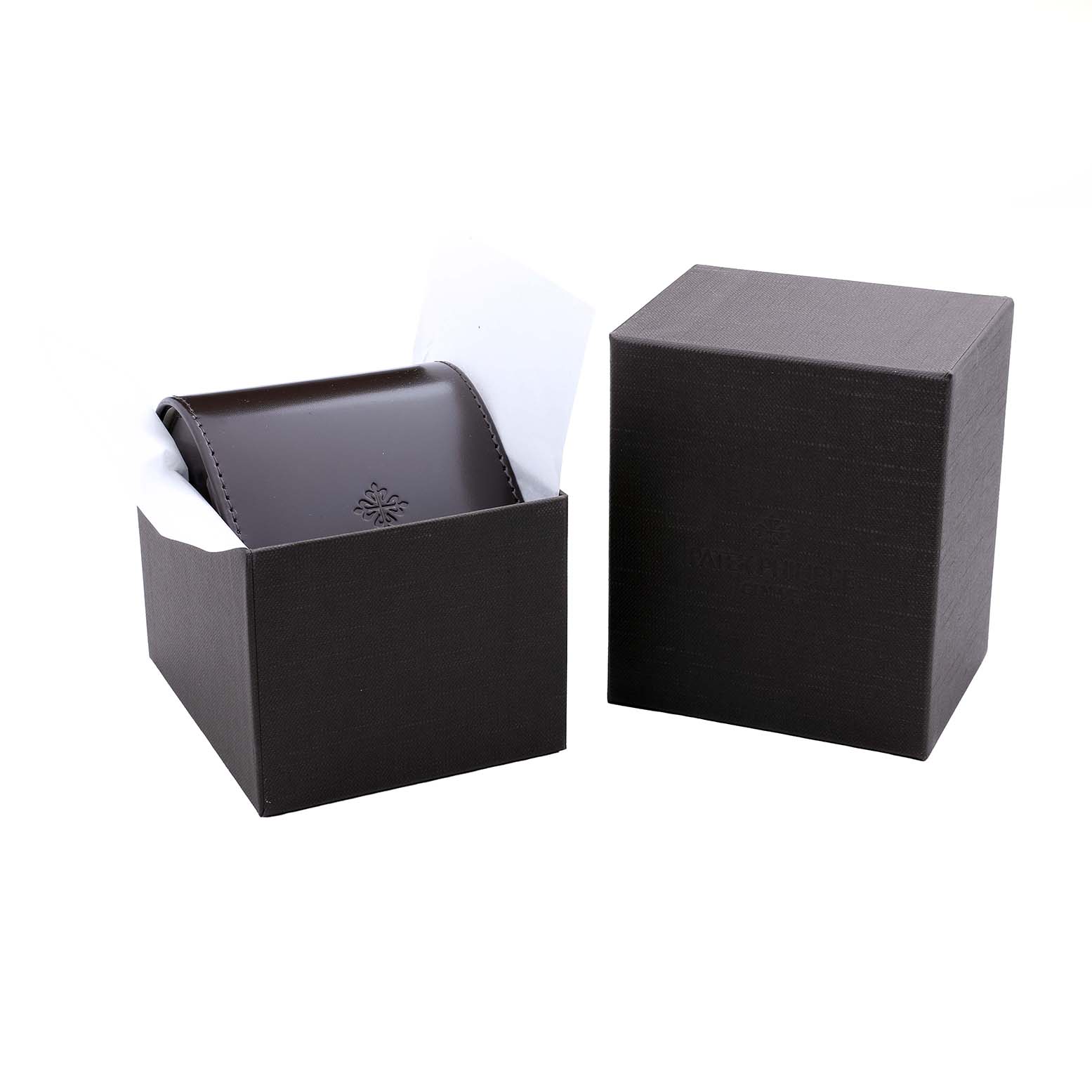 The image shows the packaging of a Patek Philippe Gondolo 5489R Men's Rose Gold Silver Dial watch, featuring a leather case inside an open box.