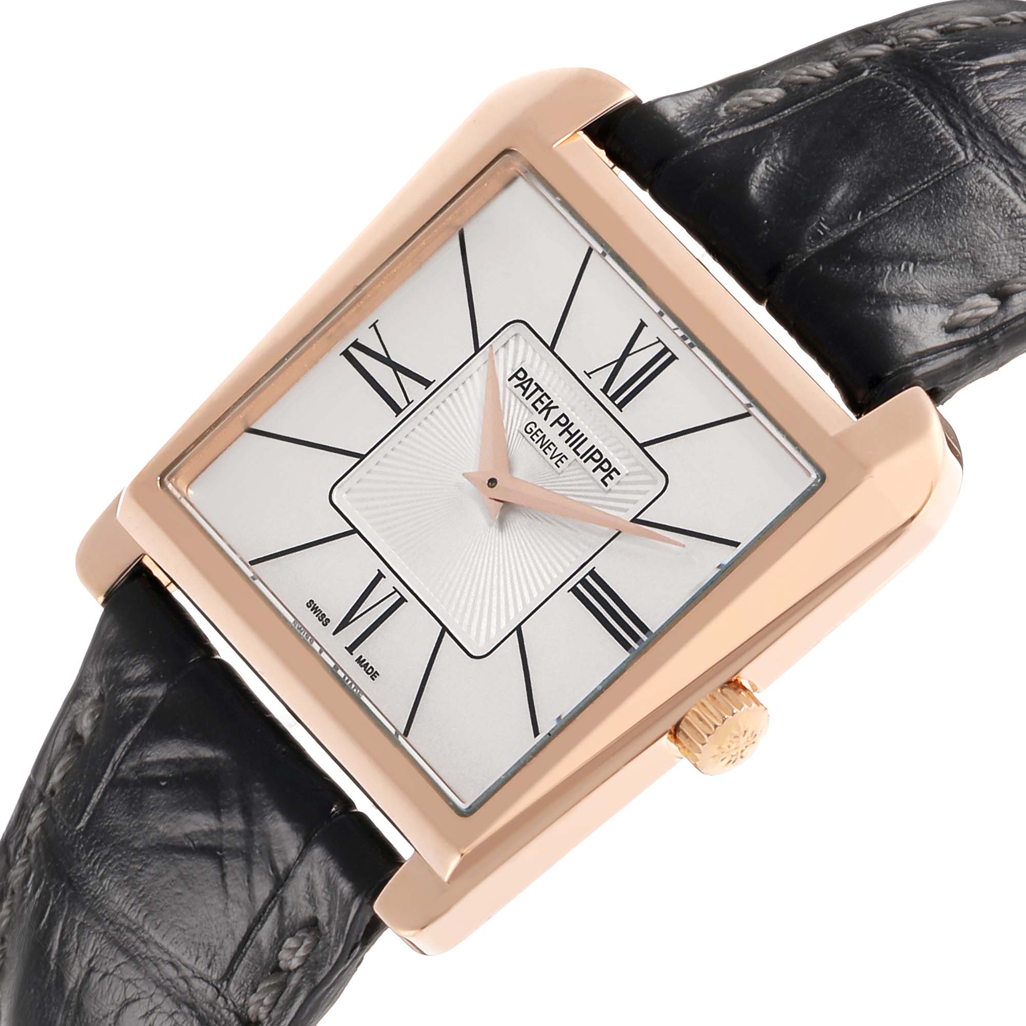 The Patek Philippe Gondolo 5489R Men's Rose Gold Silver Dial watch is shown from a tilted front angle, highlighting the dial, case, crown, and strap.