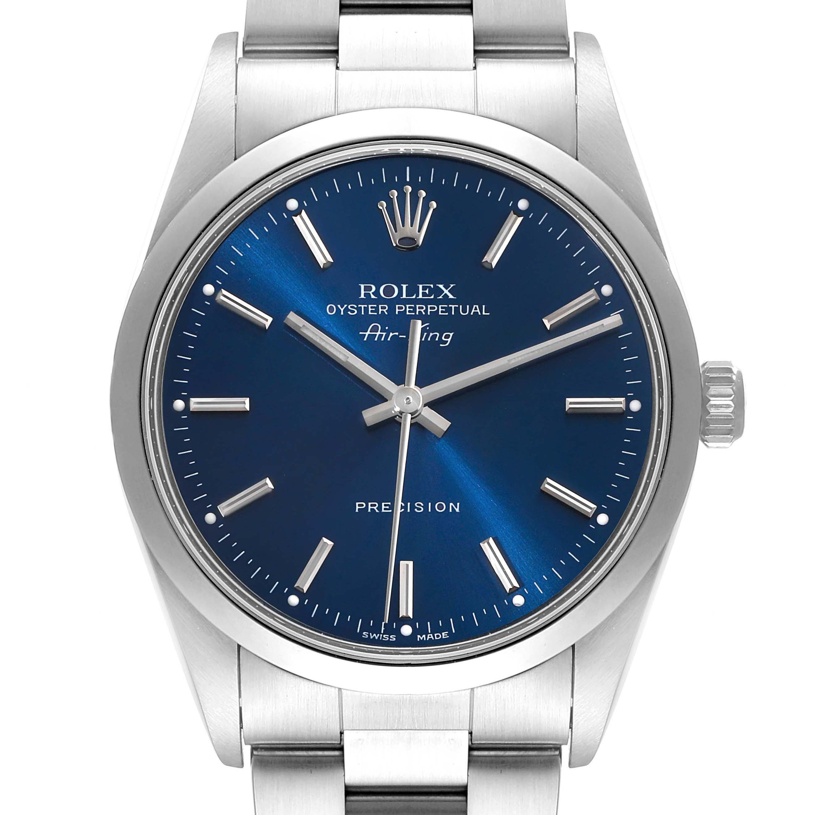 This image shows a frontal view of the Rolex Air-King 14000 Men's Stainless Steel Blue Dial 14000 Men's Stainless Steel Blue Dial watch displaying the face, hands, crown, and part of the bracelet.