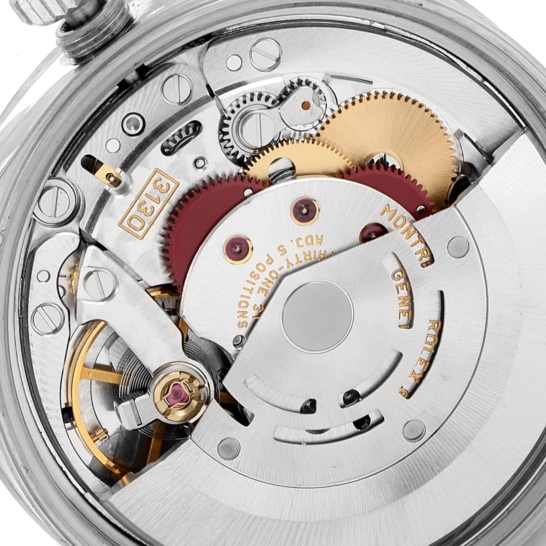 This image shows a close-up view of the internal mechanical movement of a Rolex Air-King 14000 Men's Stainless Steel Blue Dial 14000 Men's Stainless Steel Blue Dial watch.