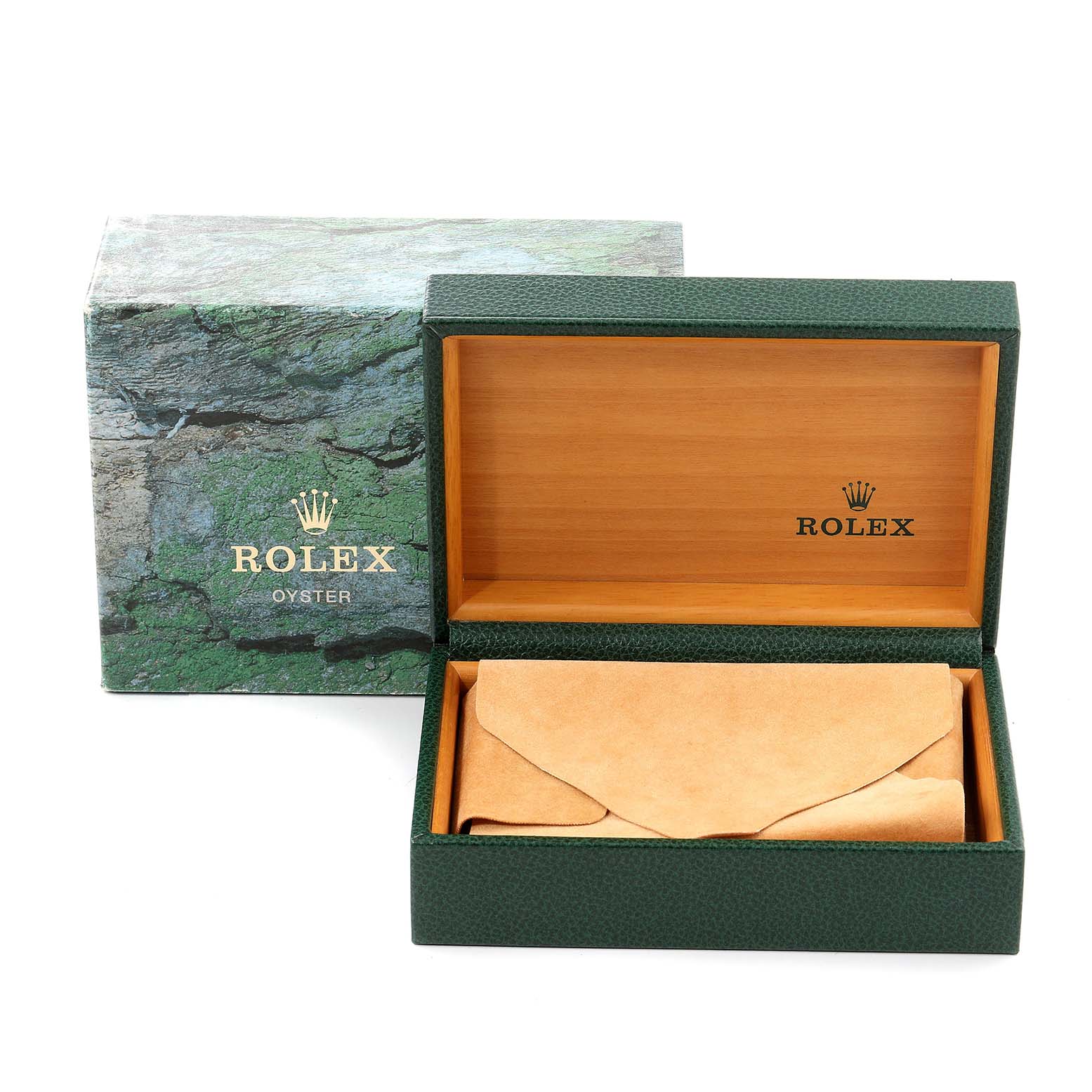 The image shows an open Rolex Air-King 14000 Men's Stainless Steel Blue Dial 14000 Men's Stainless Steel Blue Dial watch box and its outer box, with a brown pouch inside the box.