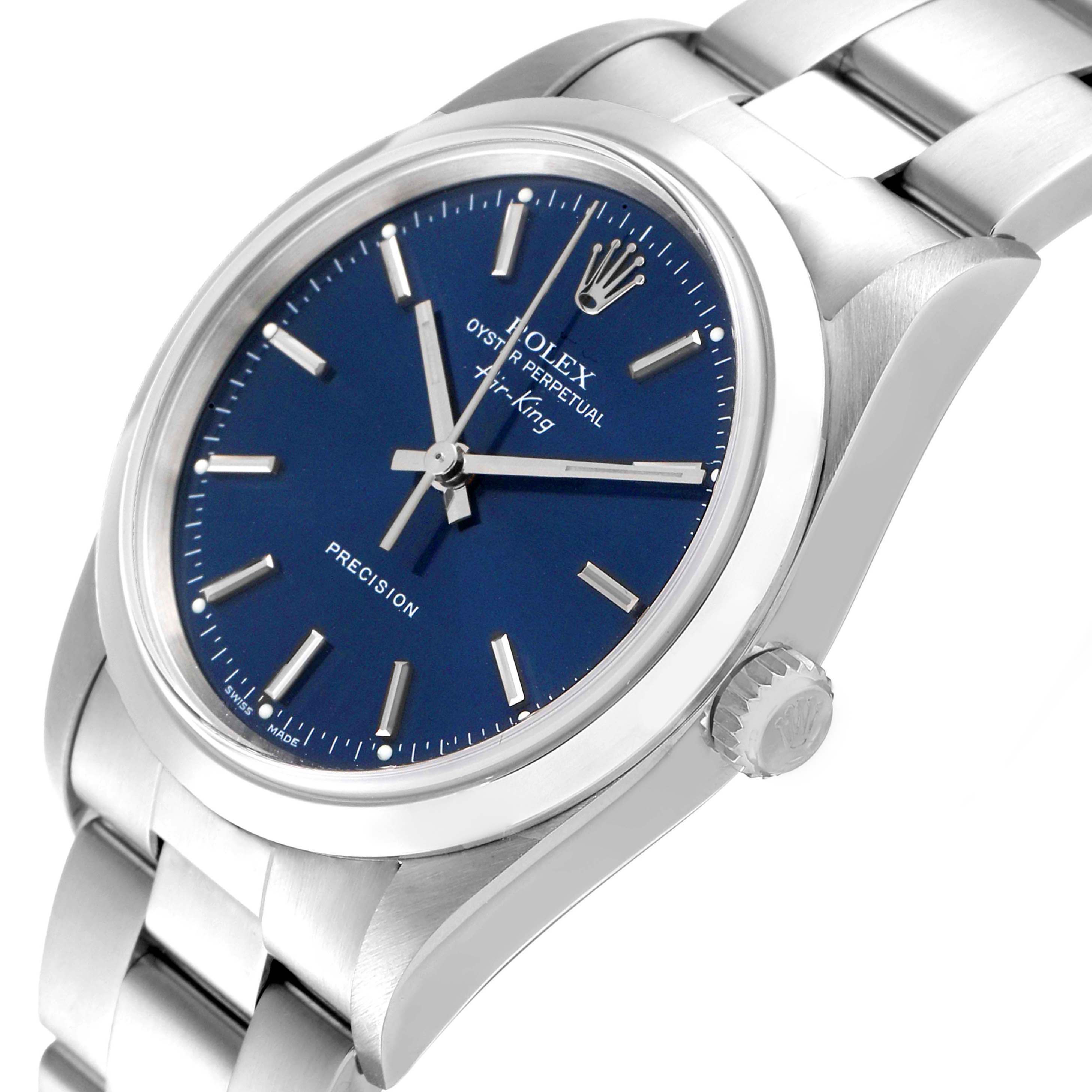 The image shows a Rolex Air-King 14000 Men's Stainless Steel Blue Dial 14000 Men's Stainless Steel Blue Dial watch from a side angle, highlighting its blue dial, case, crown, and portion of the bracelet.