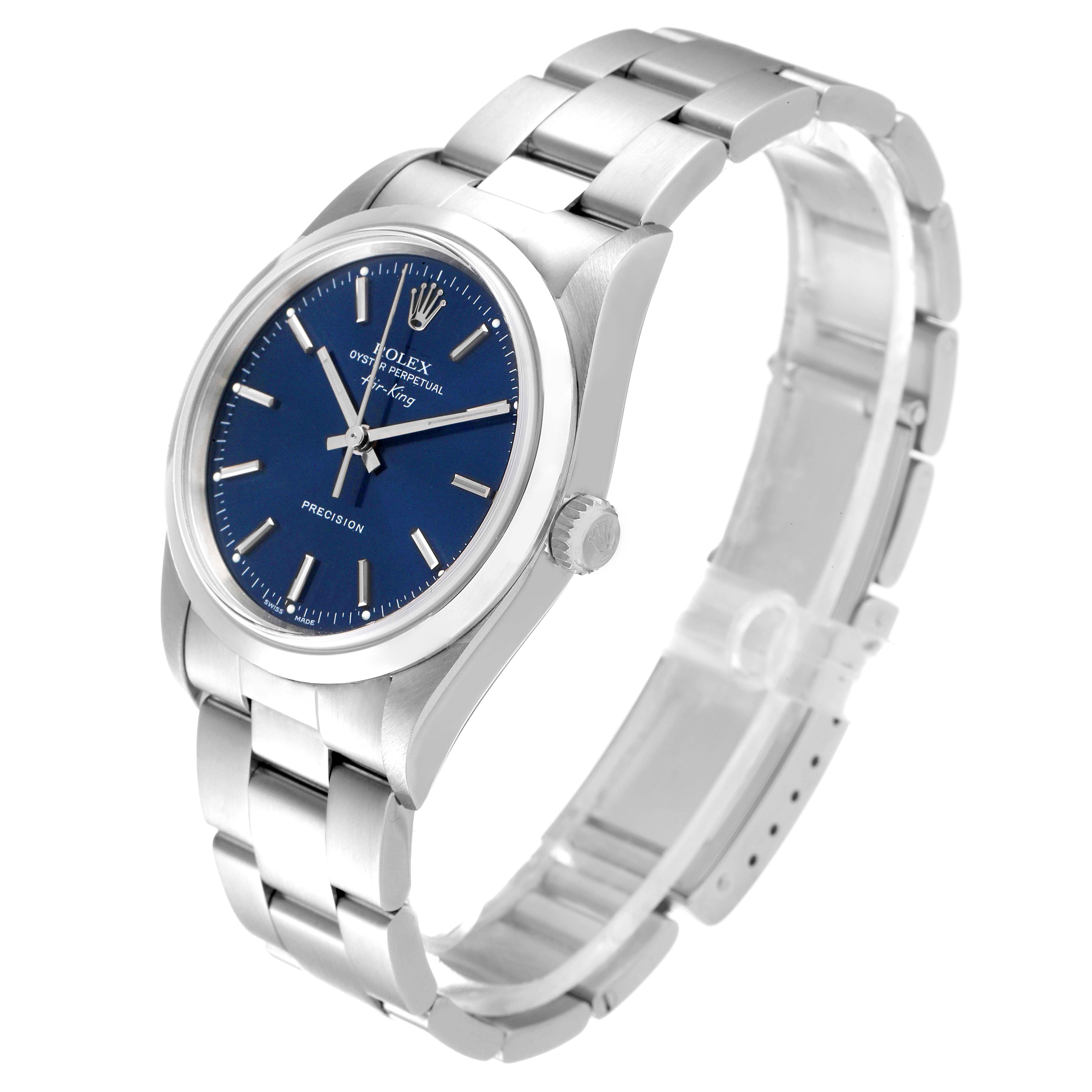 The Rolex Air-King 14000 Men's Stainless Steel Blue Dial 14000 Men's Stainless Steel Blue Dial watch is shown at an angled view highlighting its face, crown, and full metal bracelet.