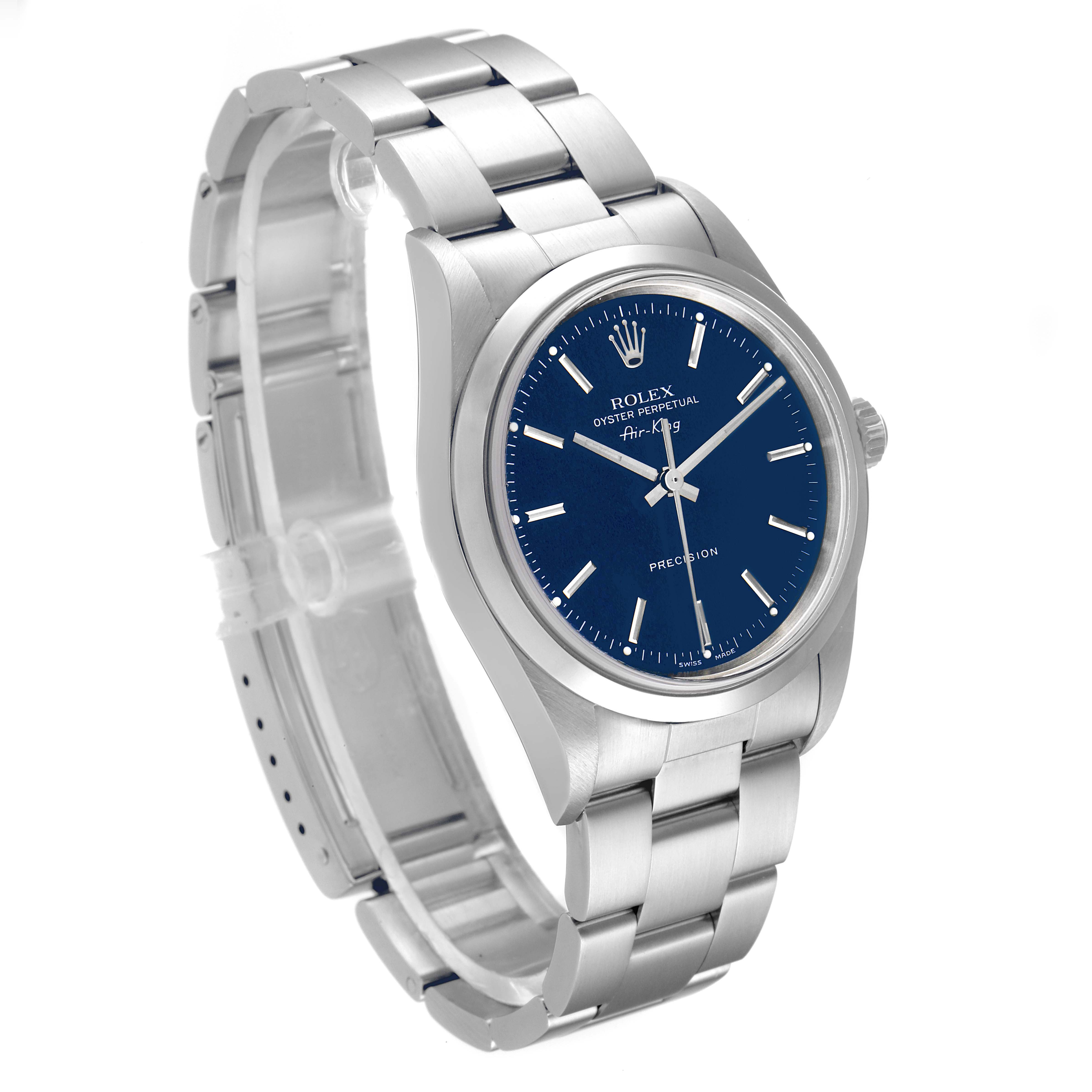 This image shows a side angle of a Rolex Air-King 14000 Men's Stainless Steel Blue Dial 14000 Men's Stainless Steel Blue Dial watch, highlighting its blue dial and stainless steel bracelet.