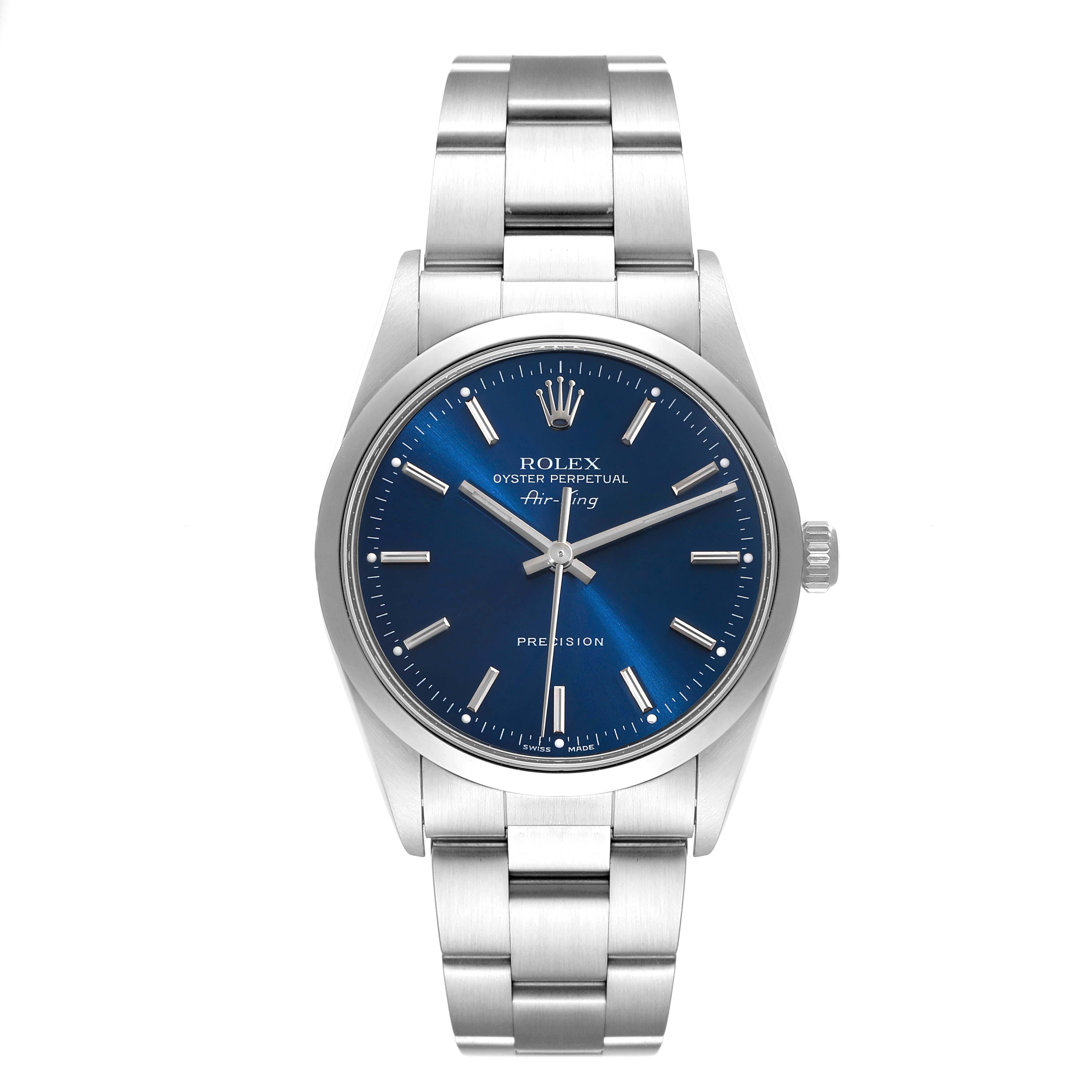 The image shows a Rolex Air-King 14000 Men's Stainless Steel Blue Dial 14000 Men's Stainless Steel Blue Dial watch viewed from the front, highlighting its blue dial, hour markers, and stainless steel bracelet.
