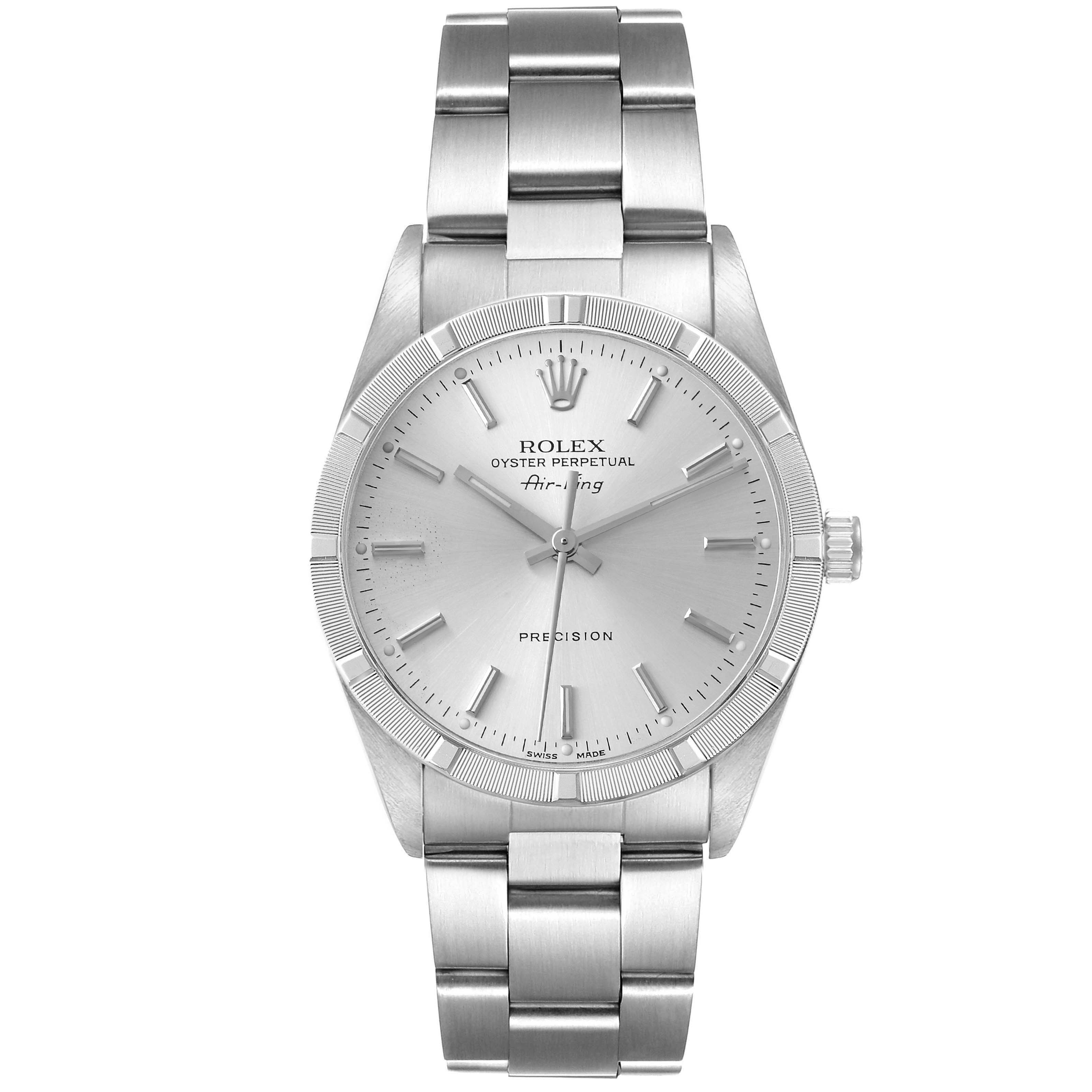 The image shows a Rolex Air-King 14010 Men's Stainless Steel Silver Dial 14010 Men's Stainless Steel Silver Dial watch, captured from a top-down angle, displaying its face, bezel, and bracelet.