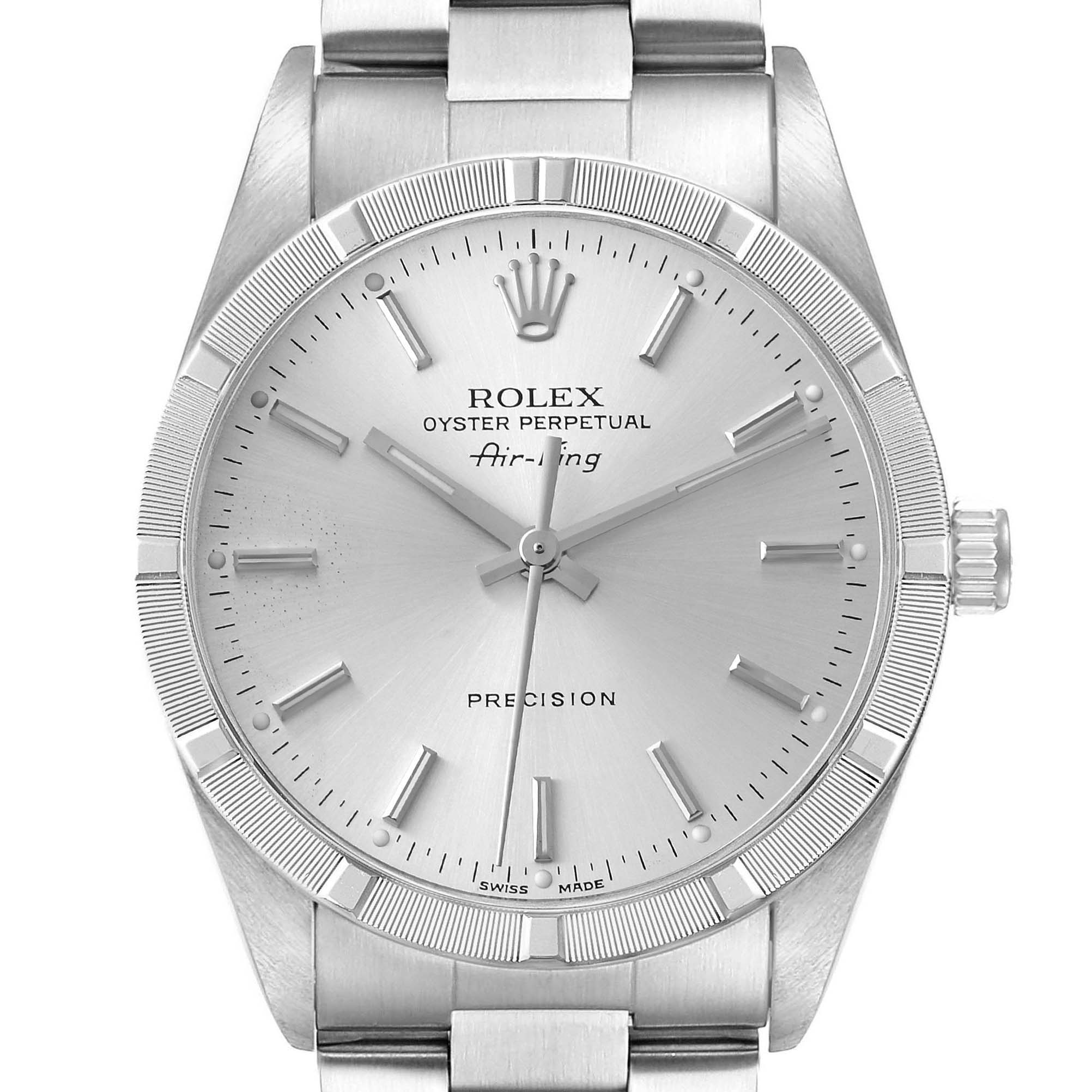 The image shows a front view of the Rolex Air-King 14010 Men's Stainless Steel Silver Dial 14010 Men's Stainless Steel Silver Dial watch, highlighting its dial, hands, bezel, and part of the bracelet.
