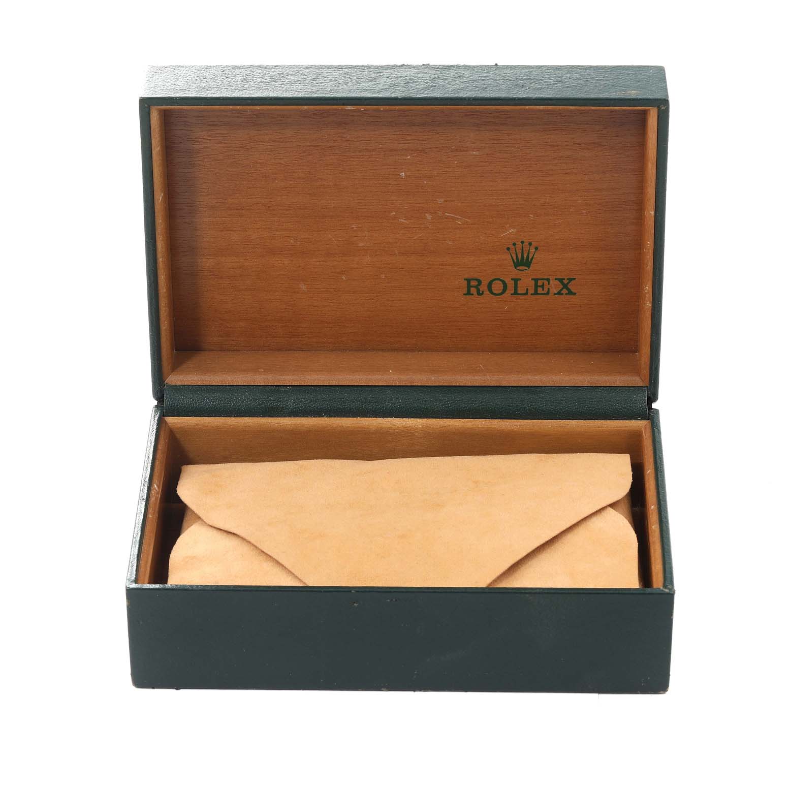The image shows an open Rolex Air-King 14010 Men's Stainless Steel Silver Dial 14010 Men's Stainless Steel Silver Dial watch box from a slightly elevated angle, revealing an interior wooden finish and a wrapped item inside.