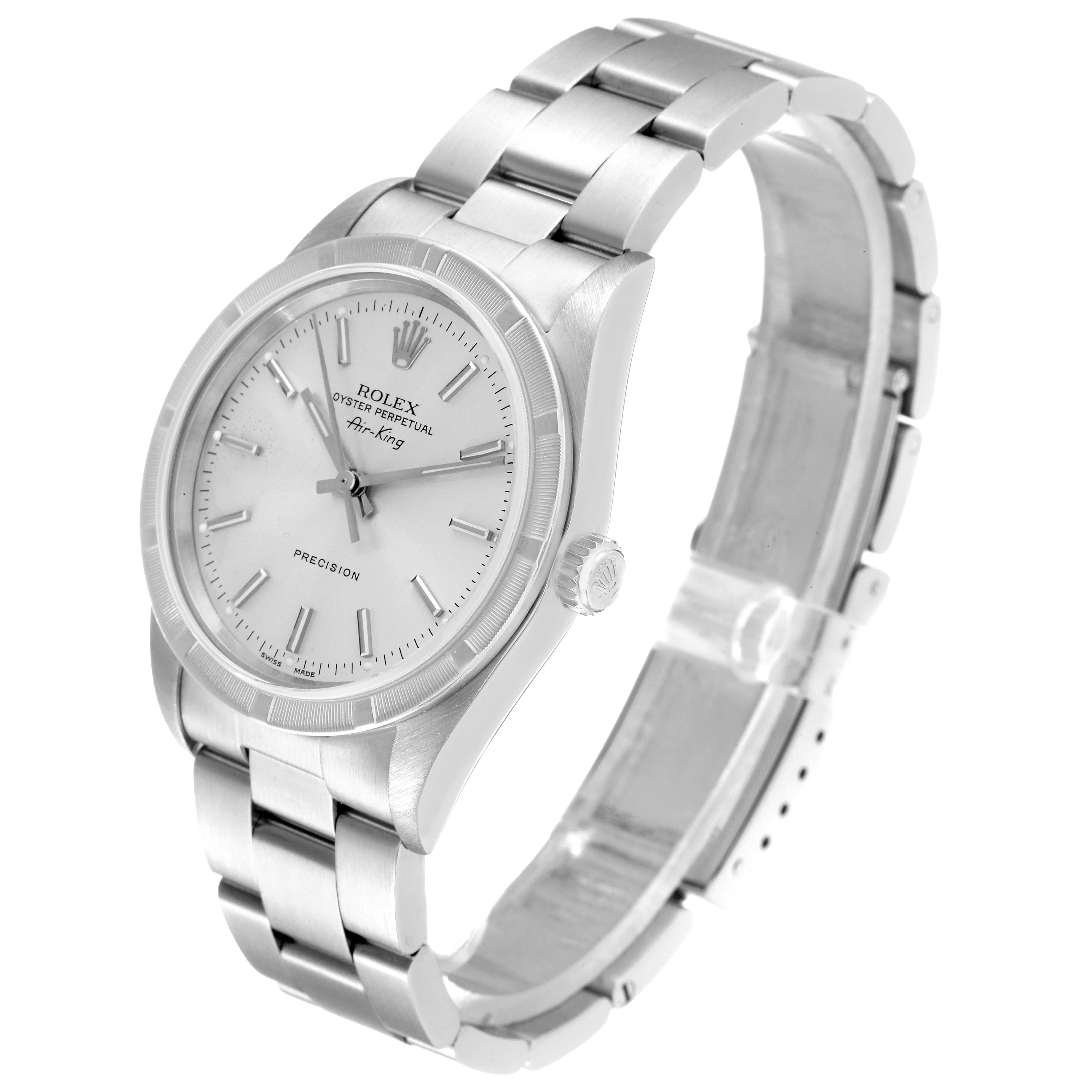 The image shows a side angle of the Rolex Air-King 14010 Men's Stainless Steel Silver Dial 14010 Men's Stainless Steel Silver Dial watch, highlighting the dial, crown, and stainless steel bracelet.