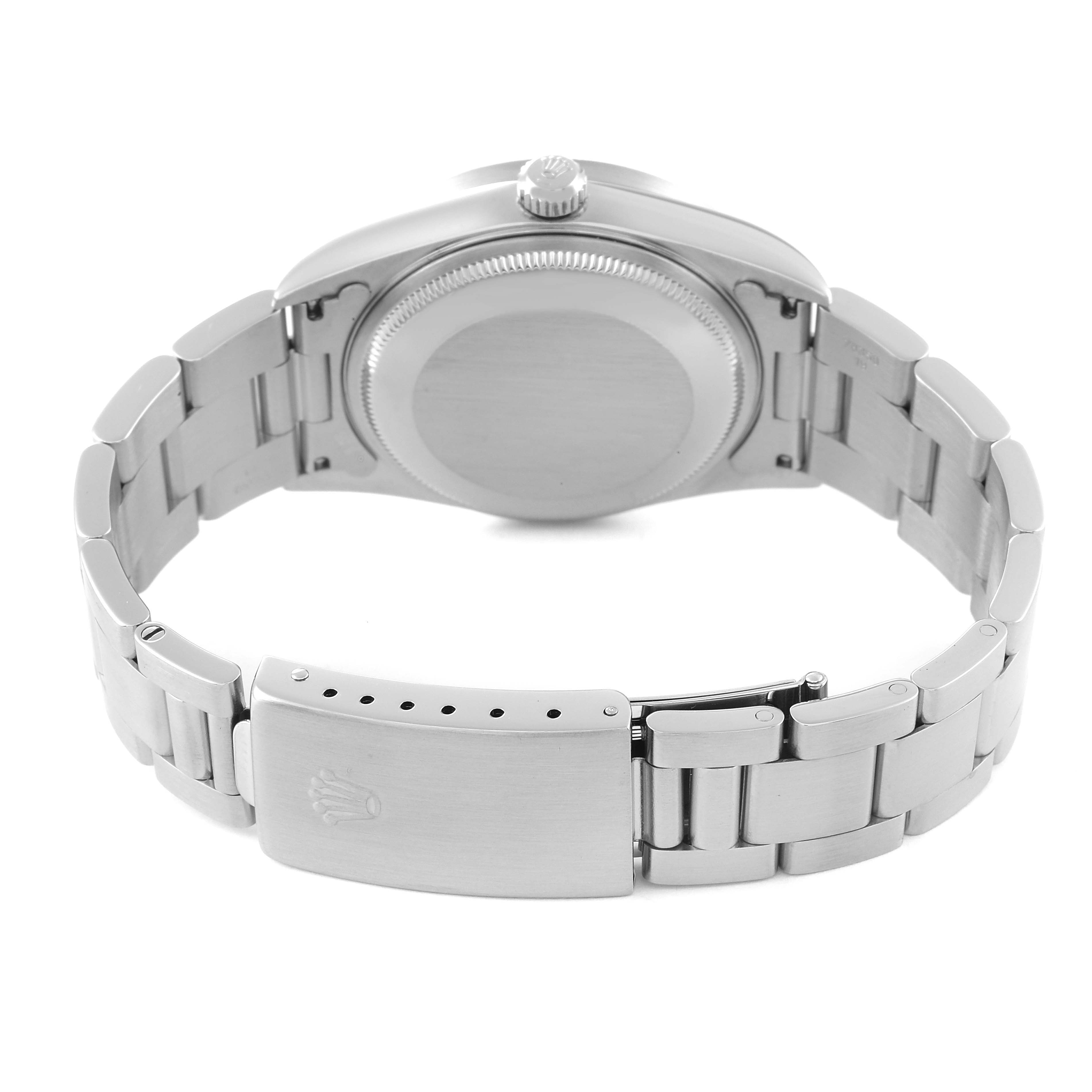 The image shows the back view of a Rolex Air-King 14010 Men's Stainless Steel Silver Dial 14010 Men's Stainless Steel Silver Dial watch, highlighting the case back, crown, and bracelet with the clasp.