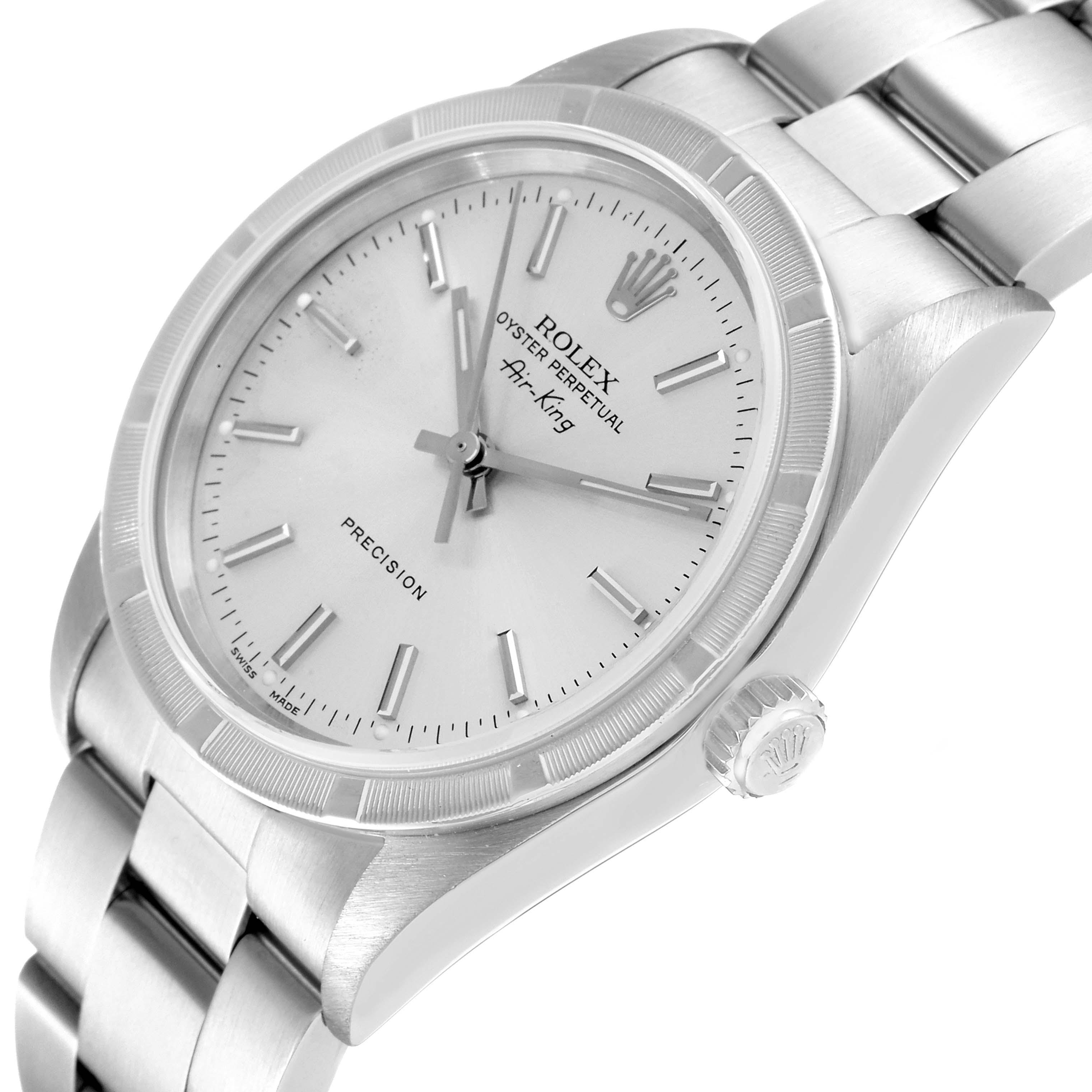 The image shows a close-up, angled view of the face and bracelet of the Rolex Air-King 14010 Men's Stainless Steel Silver Dial 14010 Men's Stainless Steel Silver Dial watch.