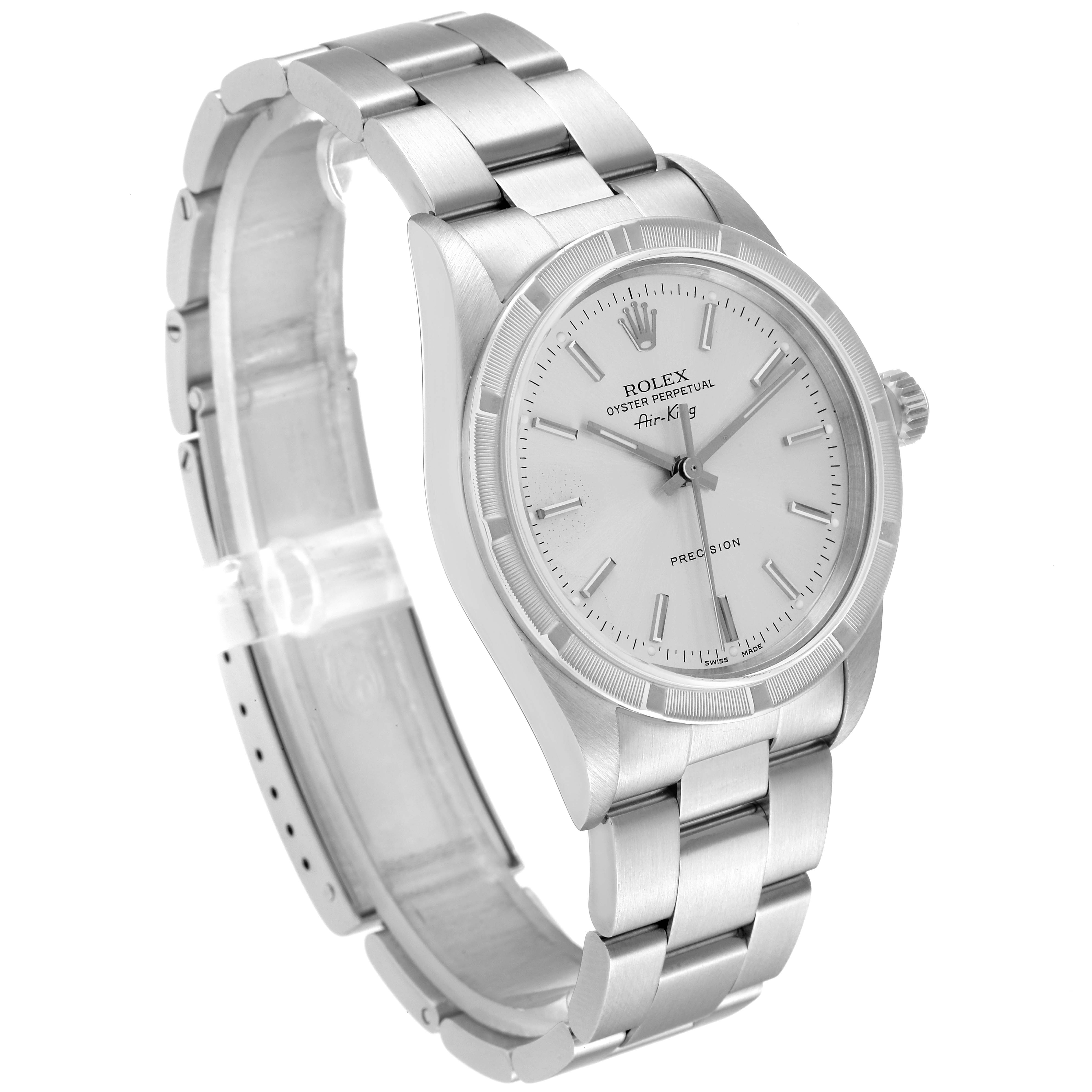 The image shows a Rolex Air-King 14010 Men's Stainless Steel Silver Dial 14010 Men's Stainless Steel Silver Dial watch at a 3/4 angle, highlighting its dial, bracelet, and case.