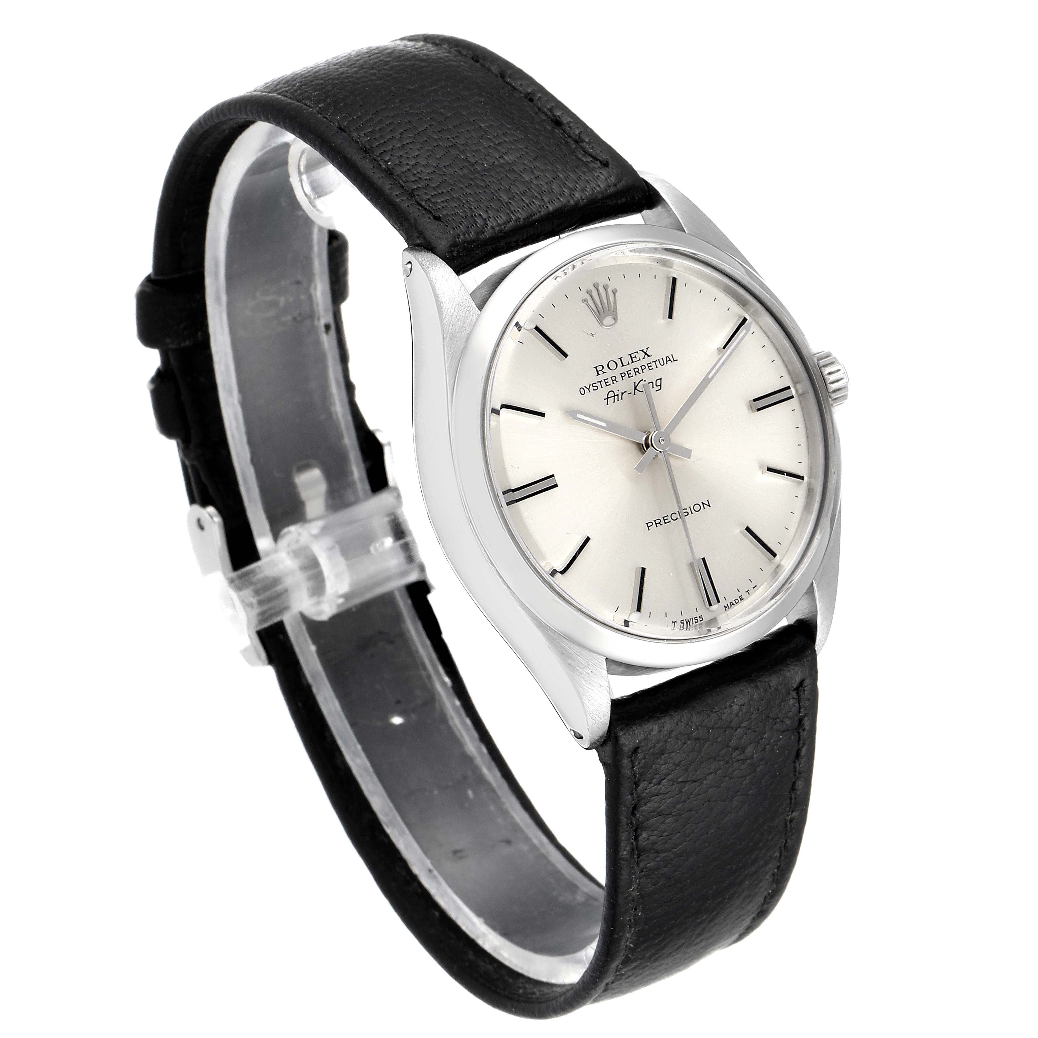 The image shows a side angle of a Rolex Vintage Collection 5500 Men's Stainless Steel Silver Dial 5500 Men's Stainless Steel Silver Dial Air-King watch, displaying the dial, case, and black leather strap.
