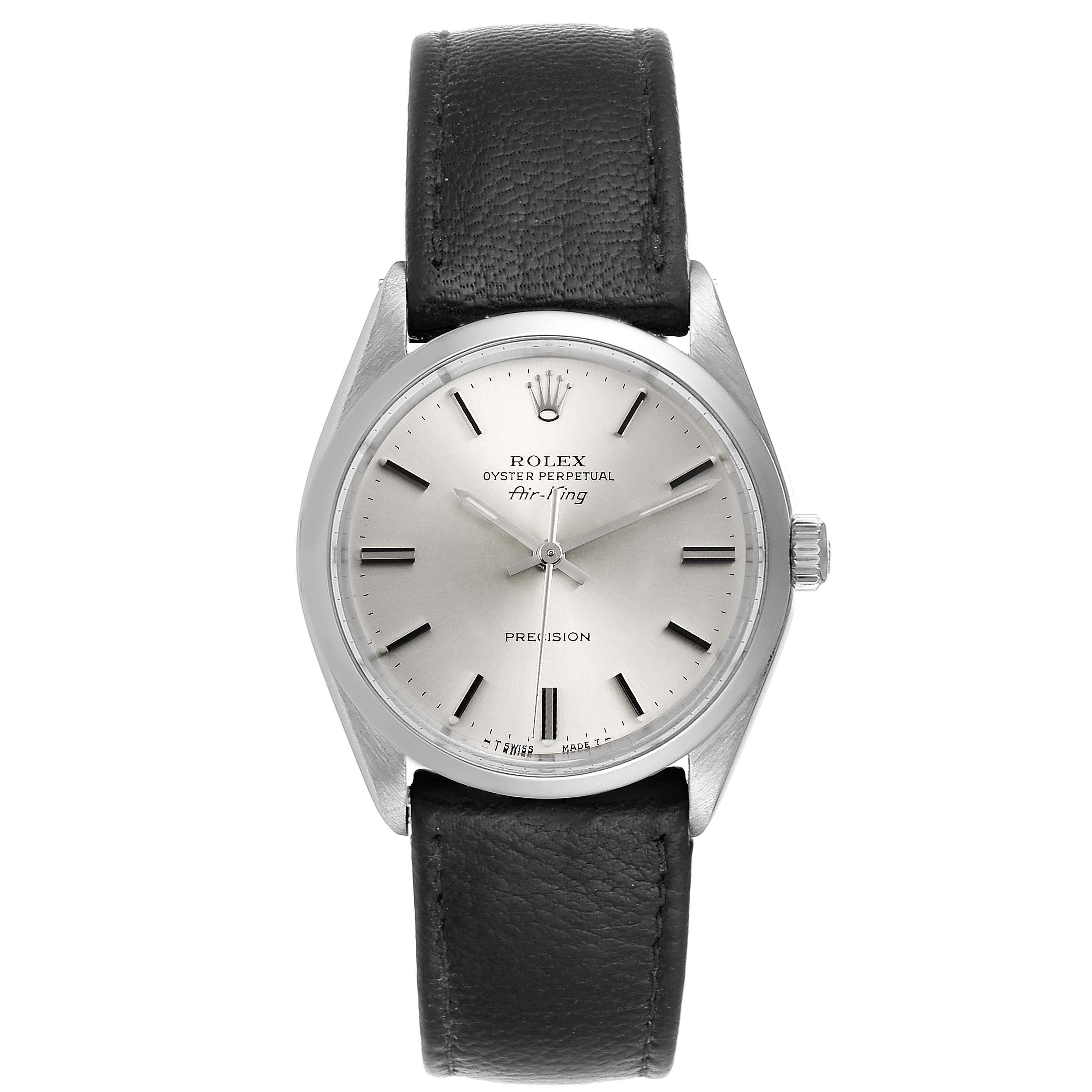 The image shows a front view of a Rolex Vintage Collection 5500 Men's Stainless Steel Silver Dial 5500 Men's Stainless Steel Silver Dial Air-King watch with a black leather strap.