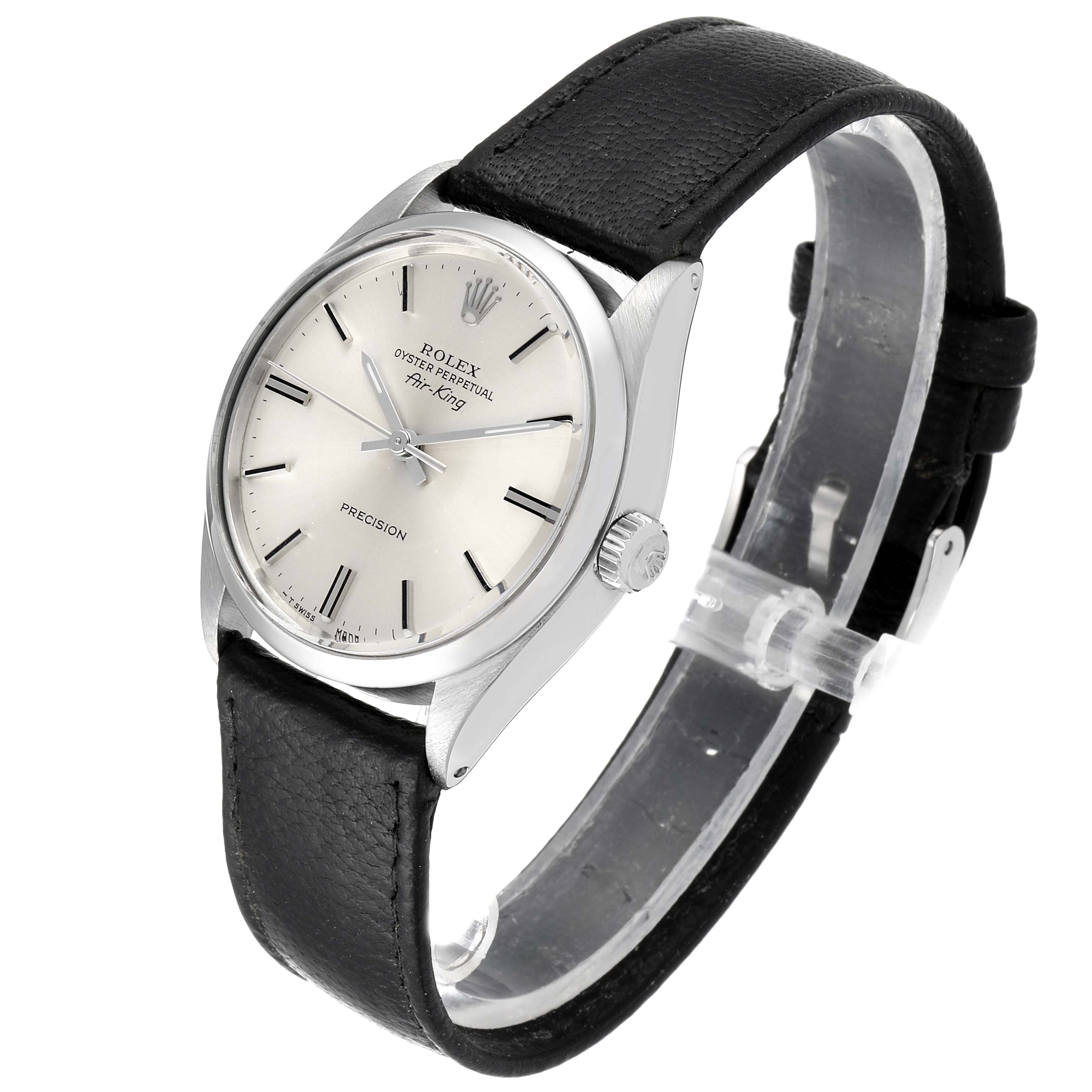 The image shows a side and top view of the Rolex Vintage Collection 5500 Men's Stainless Steel Silver Dial 5500 Men's Stainless Steel Silver Dial model with a black leather strap and clear clasp.