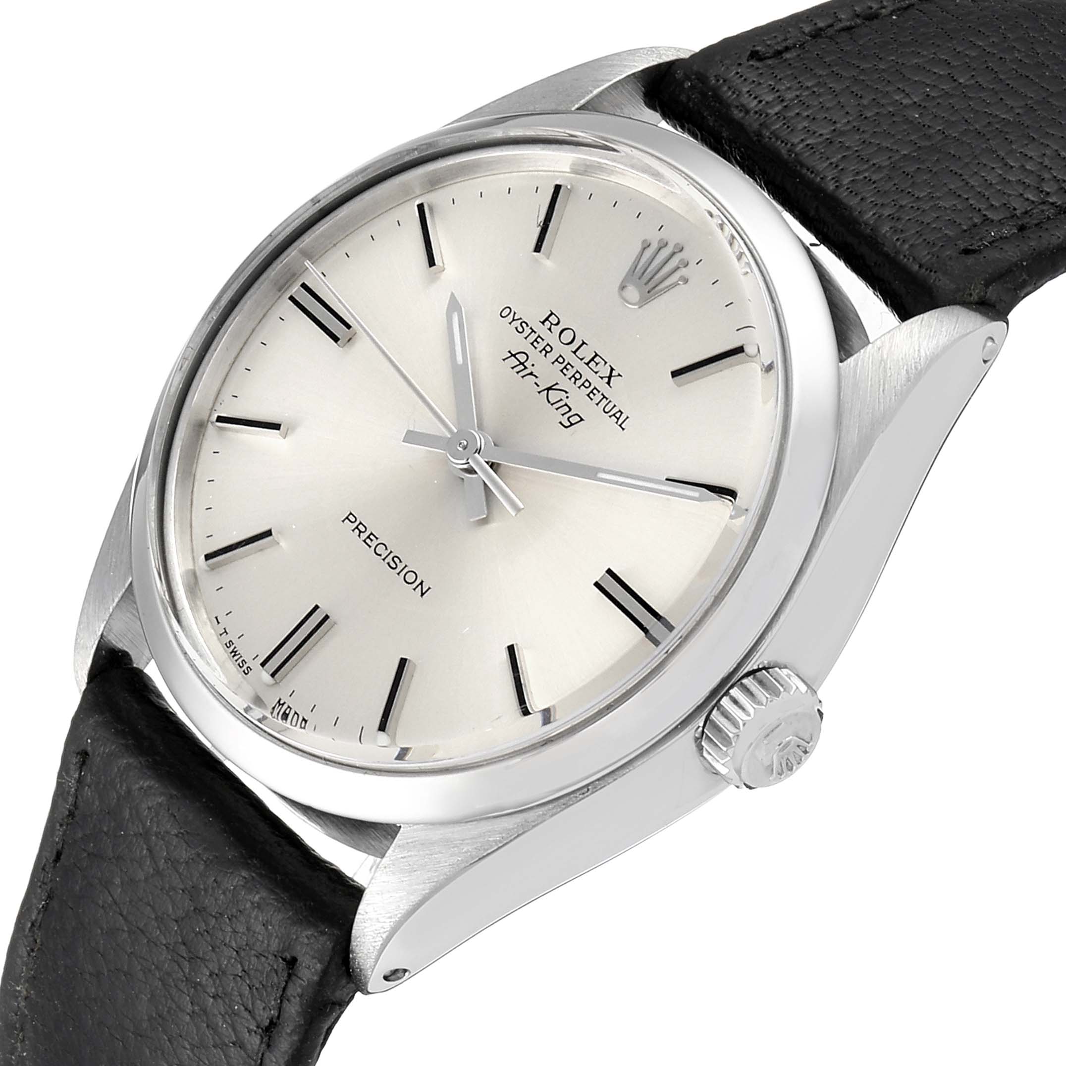 The image shows a Rolex Vintage Collection 5500 Men's Stainless Steel Silver Dial 5500 Men's Stainless Steel Silver Dial Oyster Perpetual Air-King watch at a slight angle, revealing the dial, case, crown, and leather strap.