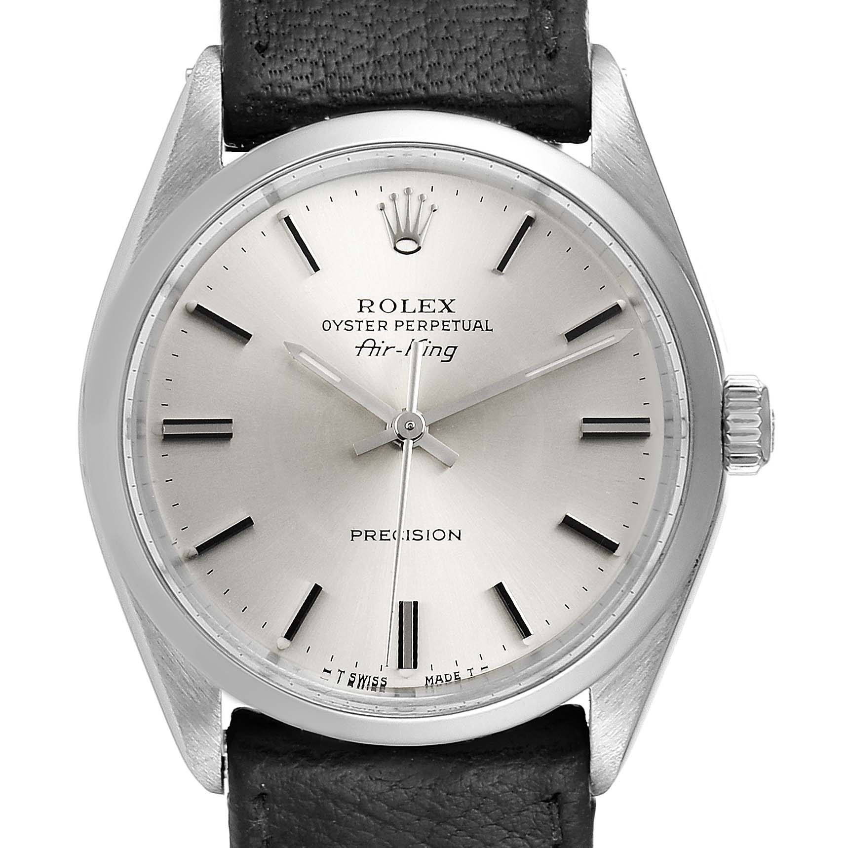 The image shows a front view of a Rolex Vintage Collection 5500 Men's Stainless Steel Silver Dial 5500 Men's Stainless Steel Silver Dial Oyster Perpetual Air-King watch, highlighting its face and black leather strap.
