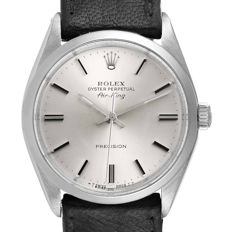 Rolex Air King Silver Dial Black Strap Vintage Steel Mens Watch 5500 SwissWatchExpo