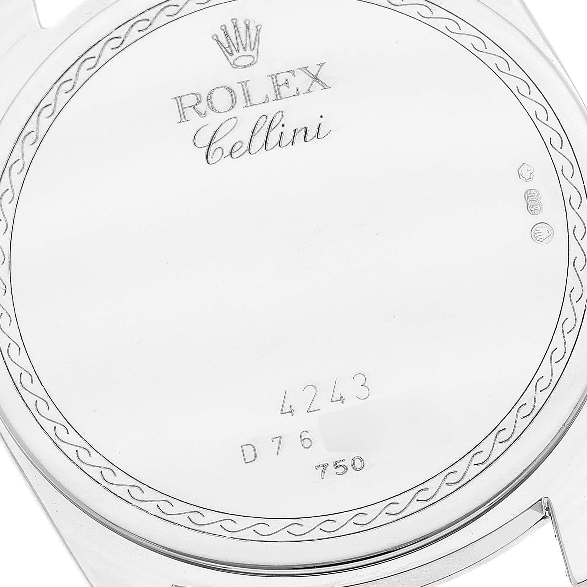 Close-up of the Rolex Cellini 4243 Men
s Stainless Steel Silver Dial 4243 Men
s Stainless Steel Silver Dial case back, showing the engraved branding and reference numbers.