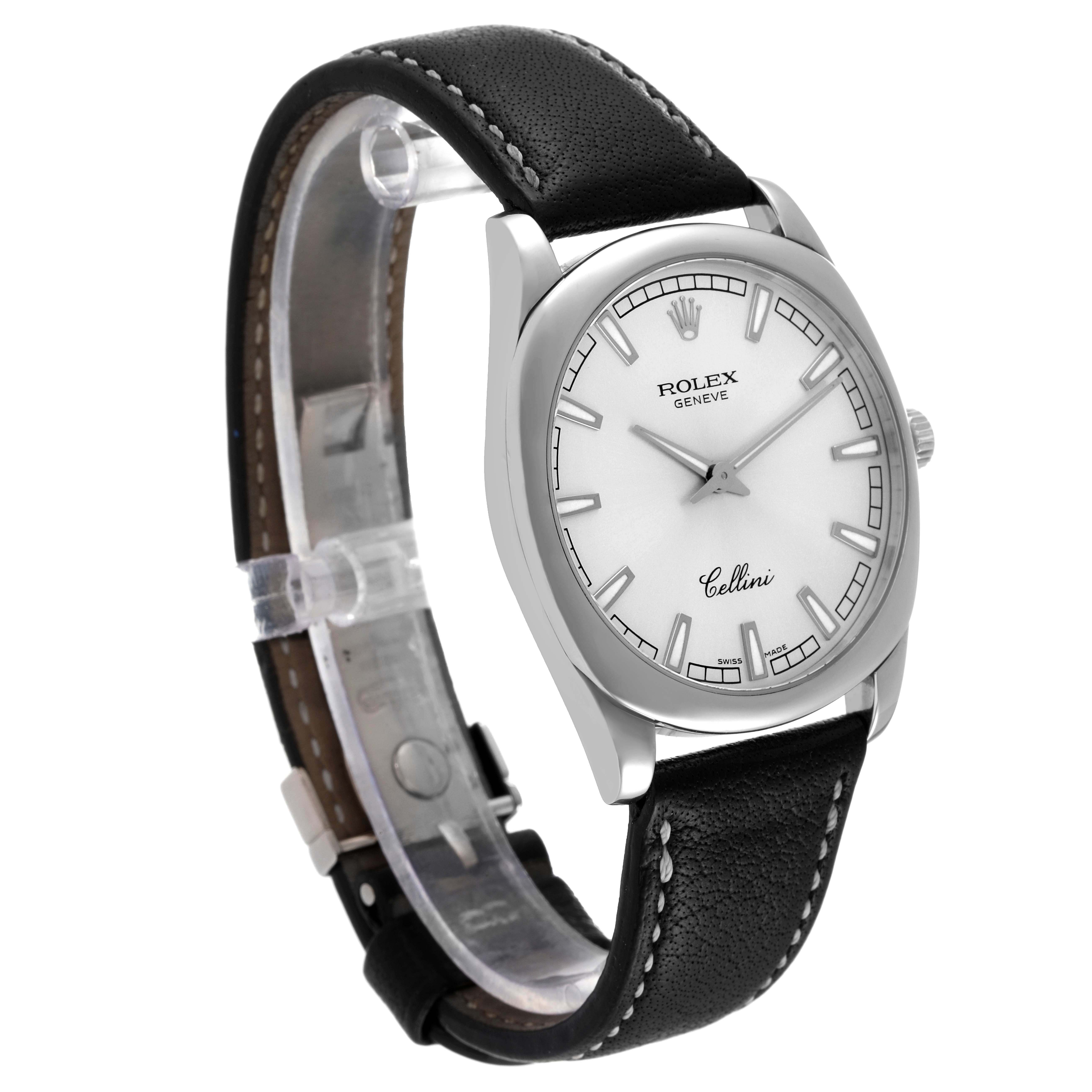 The Rolex Cellini 4243 Men
s Stainless Steel Silver Dial 4243 Men
s Stainless Steel Silver Dial watch is shown at a slight angle, displaying its face, case, crown, and leather strap.