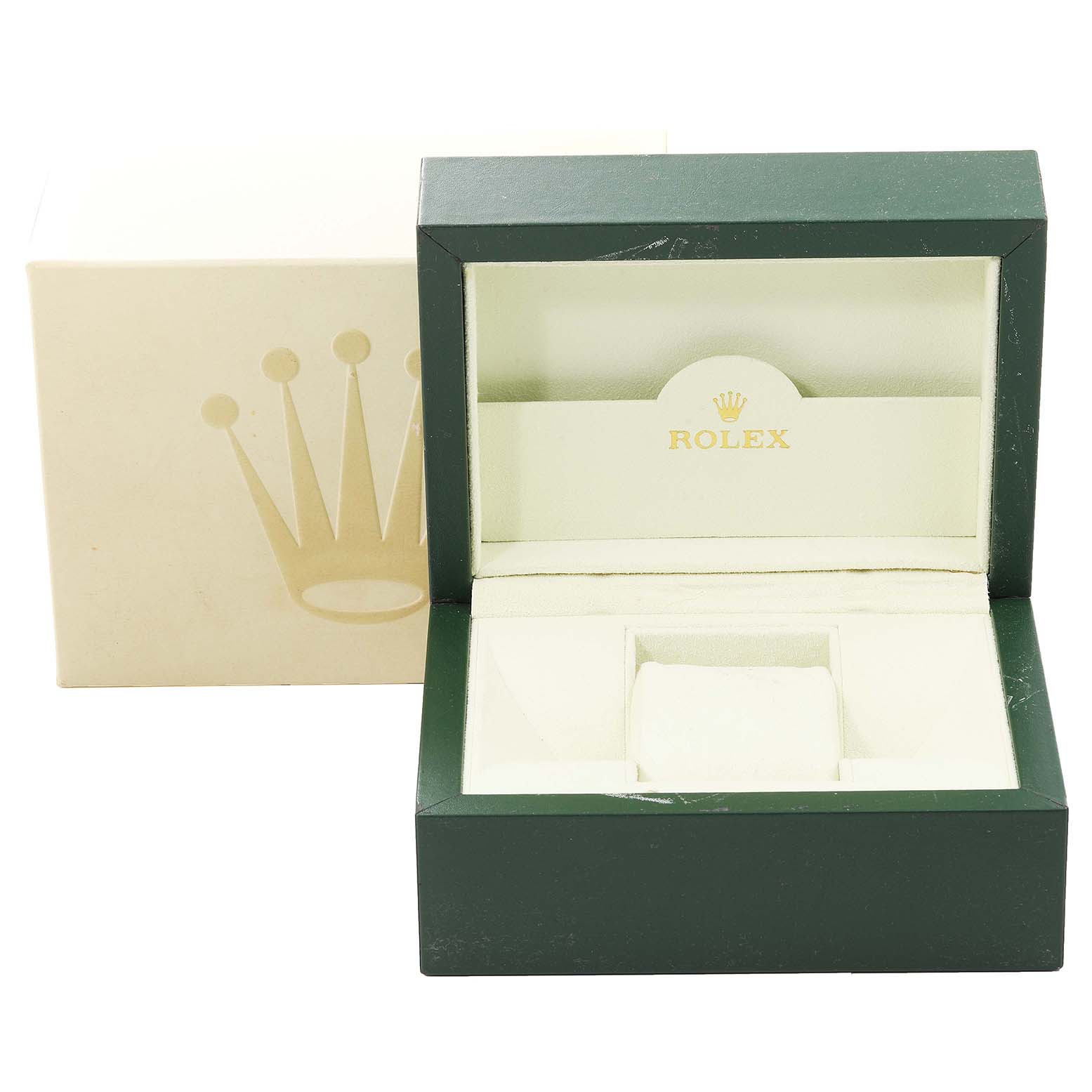 The image shows an open Rolex Cellini 4243 Men
s Stainless Steel Silver Dial 4243 Men
s Stainless Steel Silver Dial watch box with its outer box, viewed from the front.