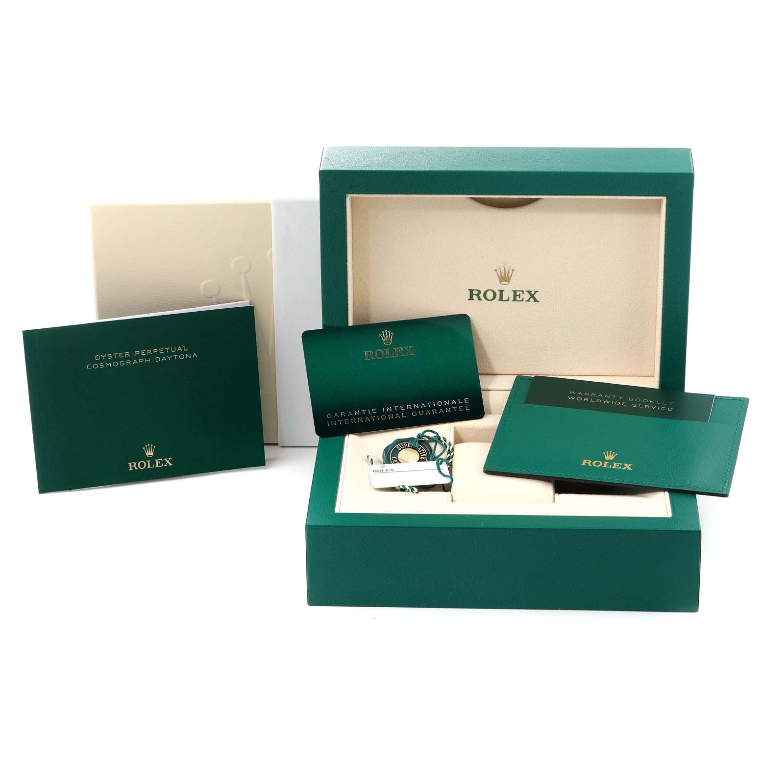 The image shows an open box of a Rolex Daytona 116503 Men
s Steel and Gold (two tone) Champagne Dial 116503 Men
s Steel and Gold (two tone) Champagne Dial watch with warranty cards, a booklet, and official tags.