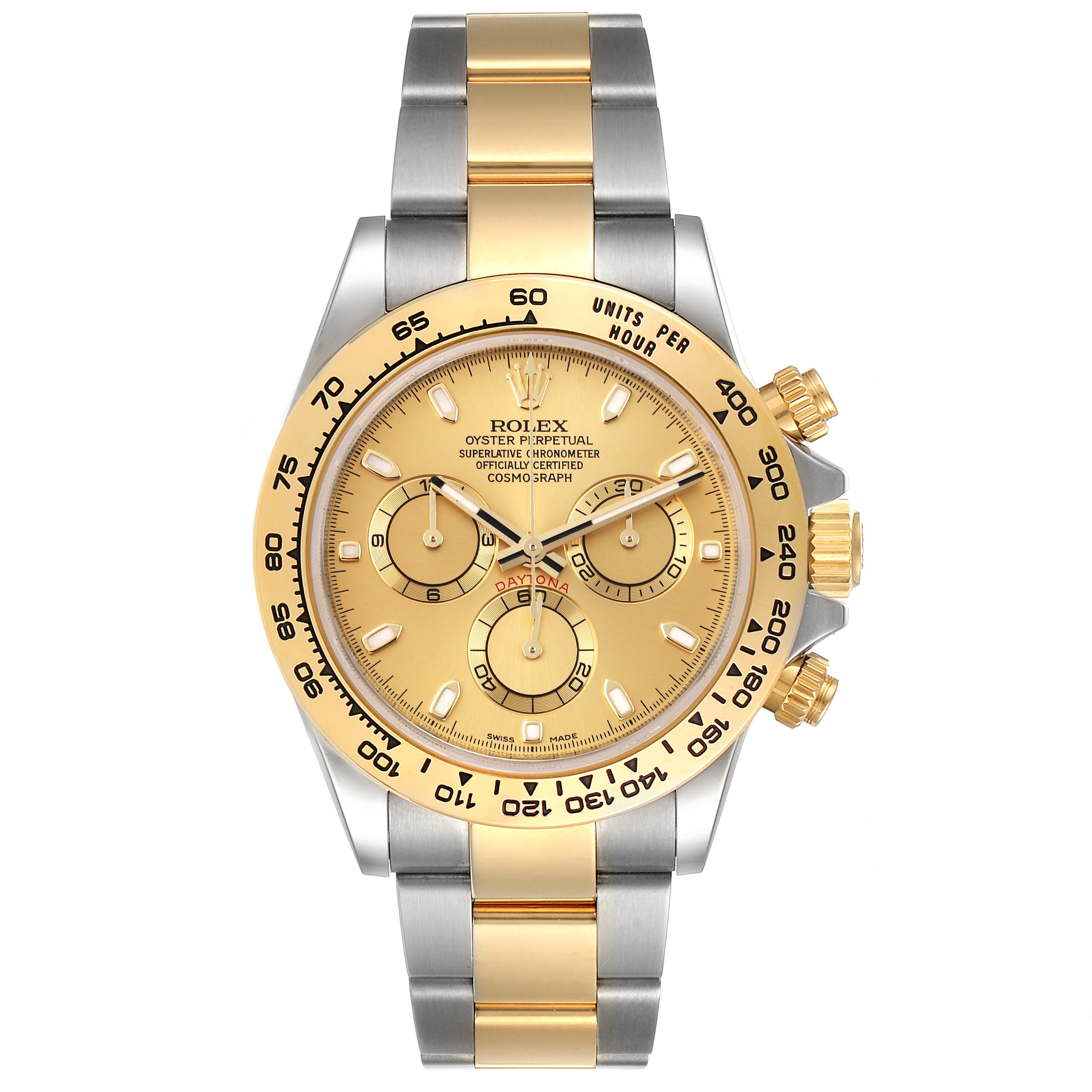The image shows a front view of a Rolex Daytona 116503 Men
s Steel and Gold (two tone) Champagne Dial 116503 Men
s Steel and Gold (two tone) Champagne Dial watch featuring a gold and silver bracelet and a golden dial.