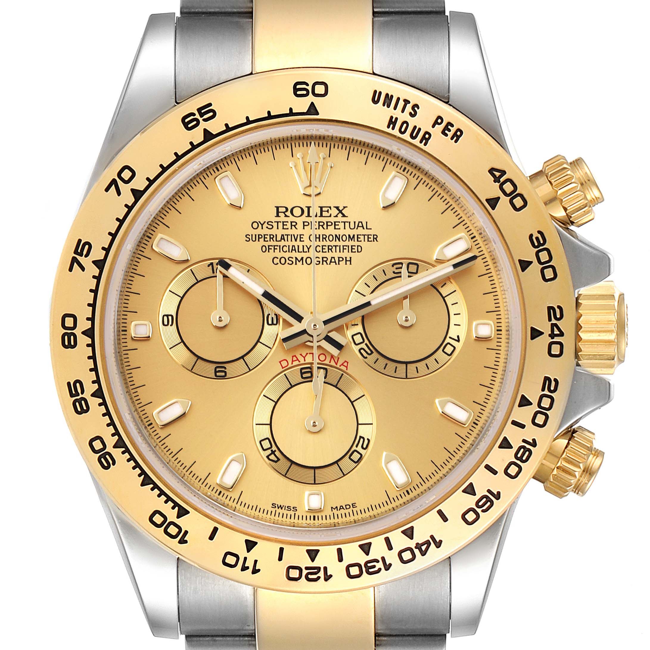 The image shows a frontal view of a Rolex Daytona 116503 Men
s Steel and Gold (two tone) Champagne Dial 116503 Men
s Steel and Gold (two tone) Champagne Dial watch, highlighting its gold and stainless steel components, dials, and bezel.