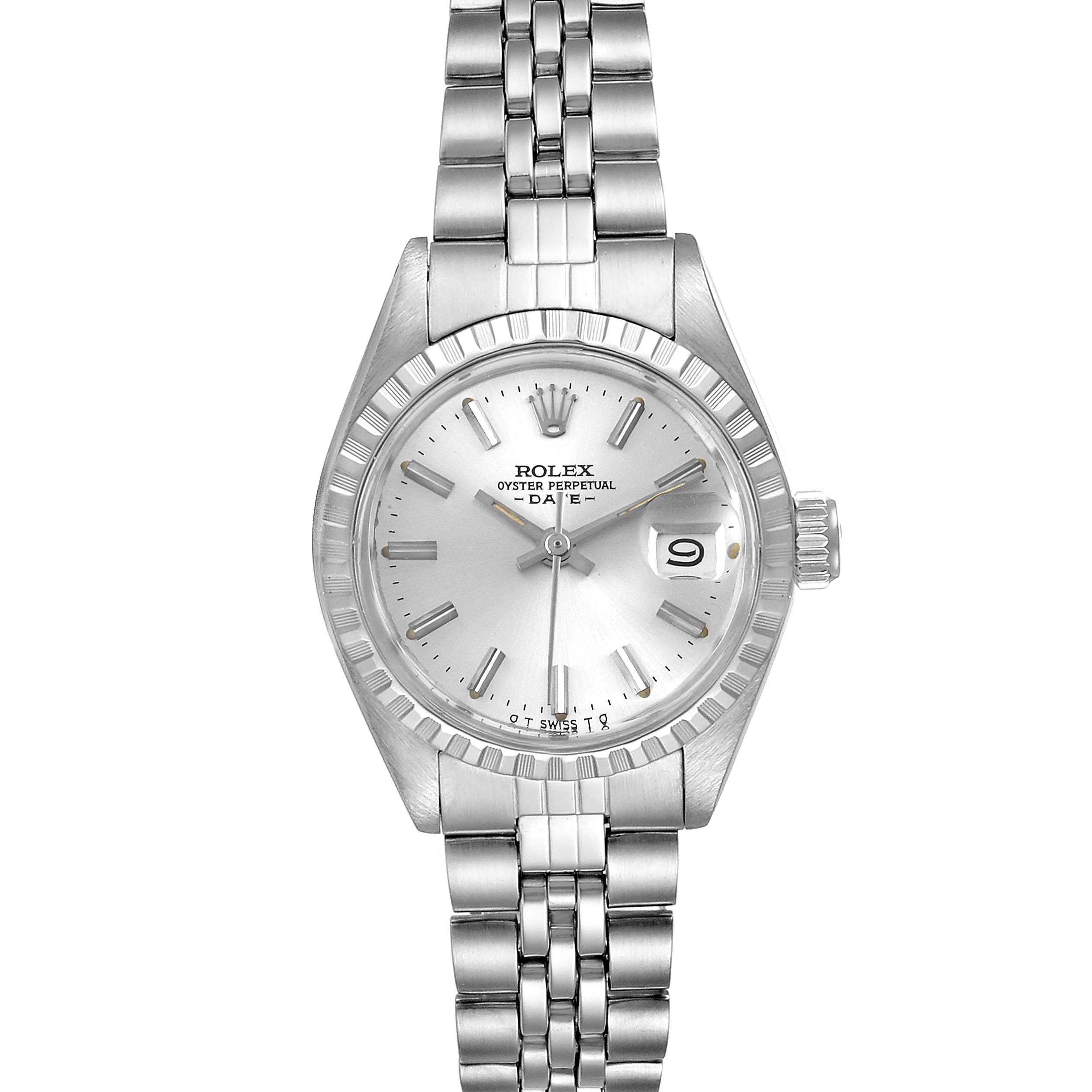 The image shows a front view of a Rolex Date 6924 Women
s Stainless Steel Silver Dial 6924 Women
s Stainless Steel Silver Dial model watch, highlighting the dial, hands, date window, bezel, and bracelet.