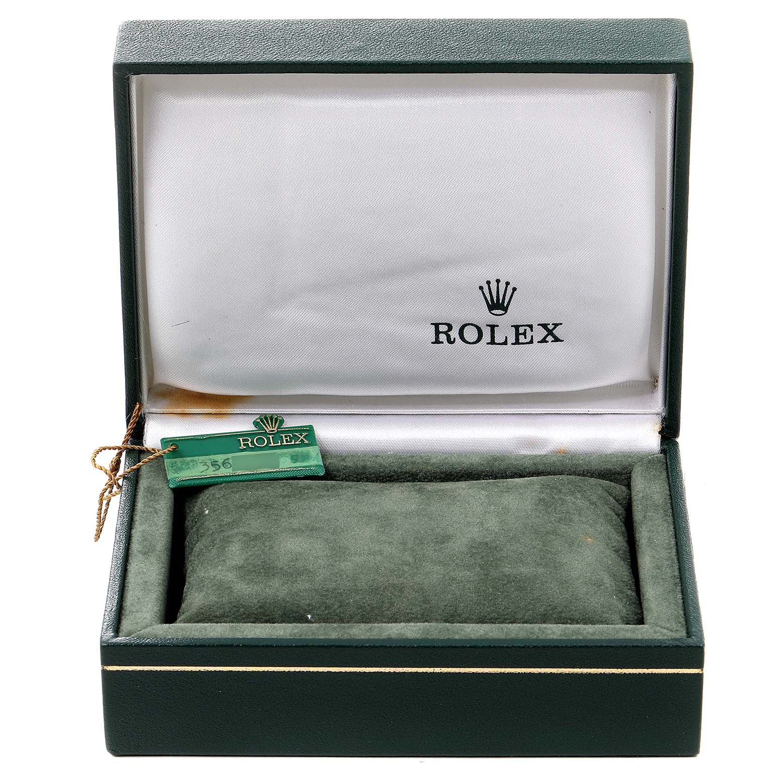 A Rolex Date 6924 Women
s Stainless Steel Silver Dial 6924 Women
s Stainless Steel Silver Dial model watch box is shown open, displaying the cushioned interior and a green Rolex tag.